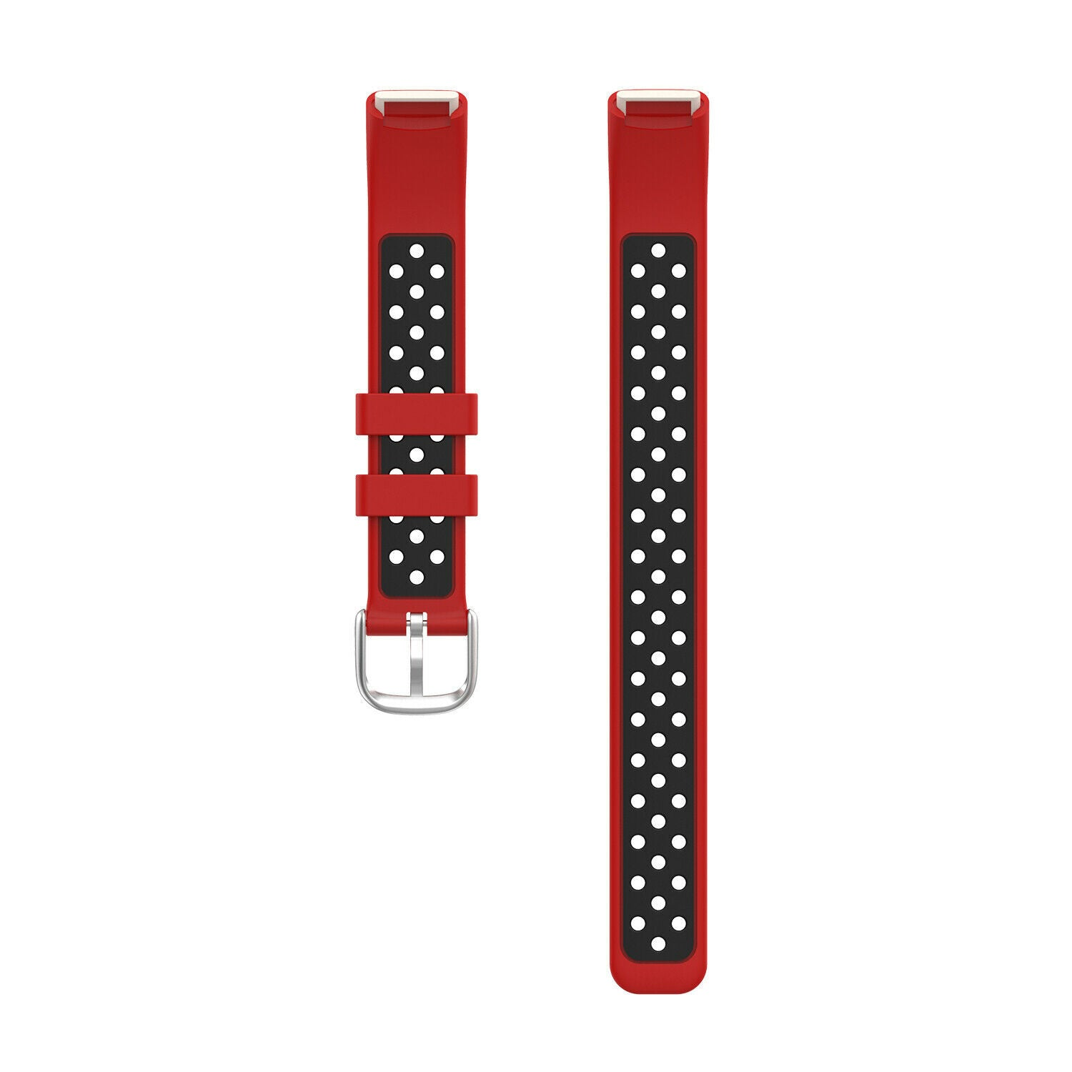 Zwei rote Uhrenarmbänder mit perforierten schwarzen Abschnitten. Eines zeigt eine Schnalle. Weißer Hintergrund.