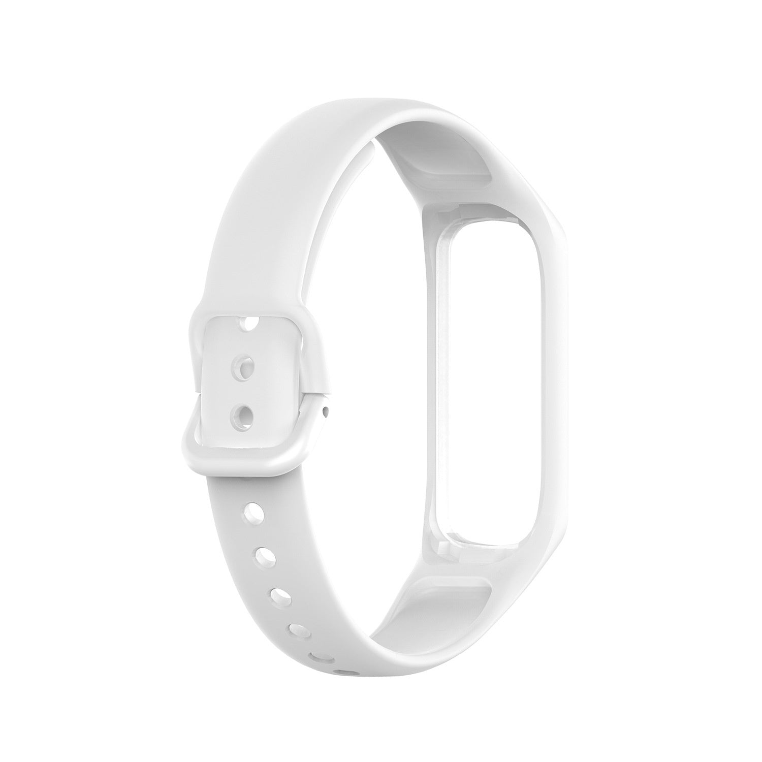 Ein weißes Uhrenarmband mit Schnalle und mehreren Löchern zur Einstellung. Das Armband ist gebogen und für ein Handgelenk konzipiert.