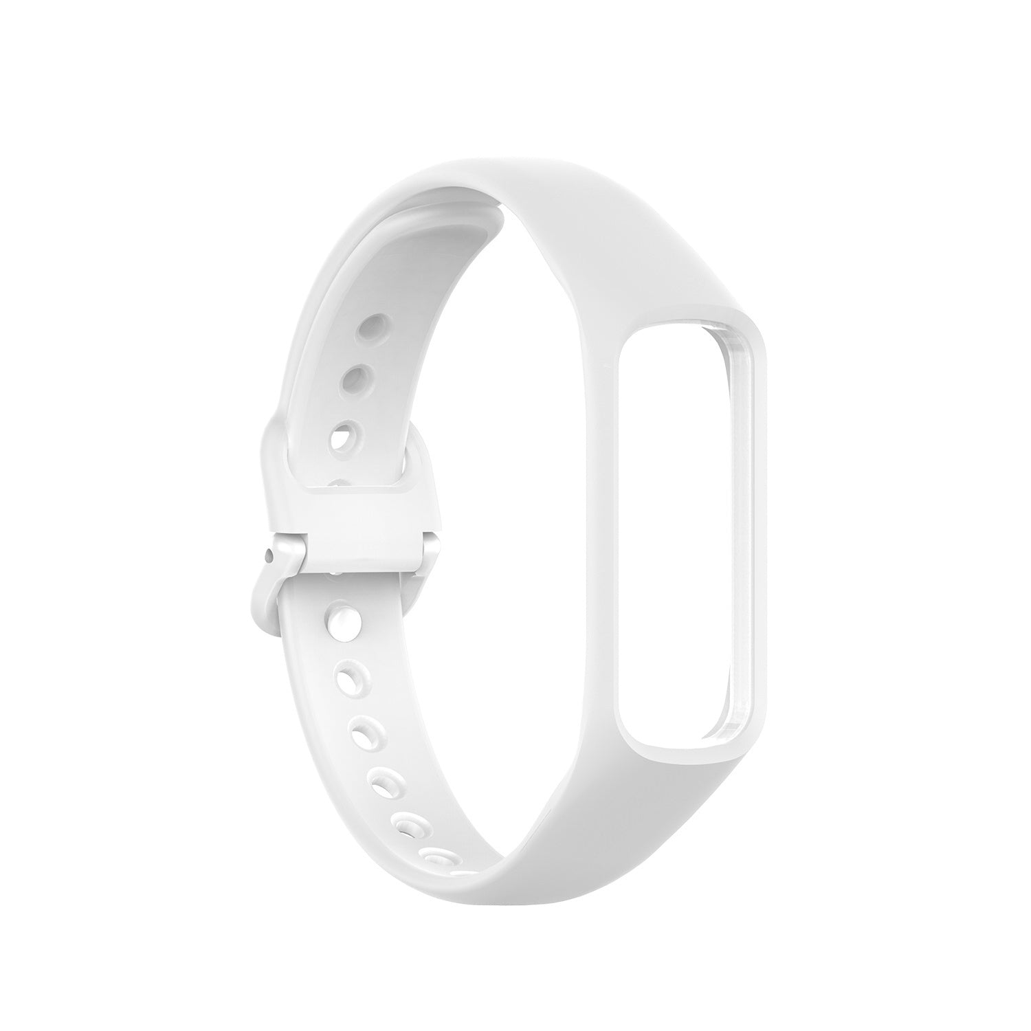 Ein weißes Smartwatch-Armband, abgenommen. Es hat einen rechteckigen Rahmen an einem Ende und einen Verschluss mit Löchern am anderen.