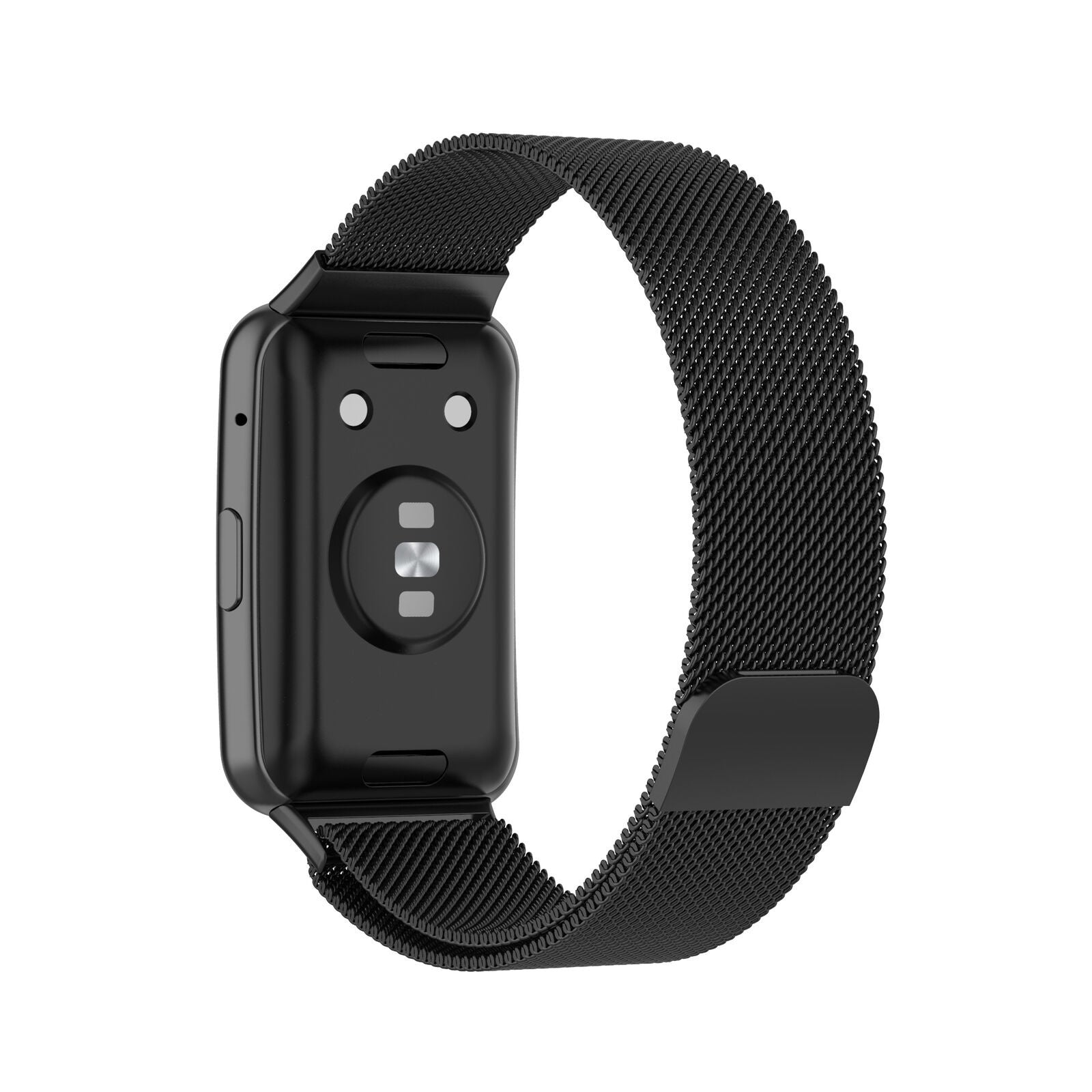 Eine schwarze Smartwatch mit Mesh-Armband, Rückendetail sichtbar. Das Band verläuft um die Uhr, auf weißem Hintergrund.