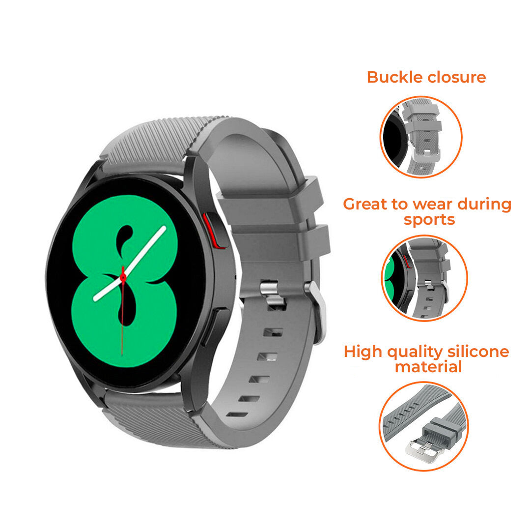 Eine graue Smartwatch mit grünem Display mit Grafik. Sie hat ein graues Armband und wird für Sport und hochwertiges Silikon beworben.