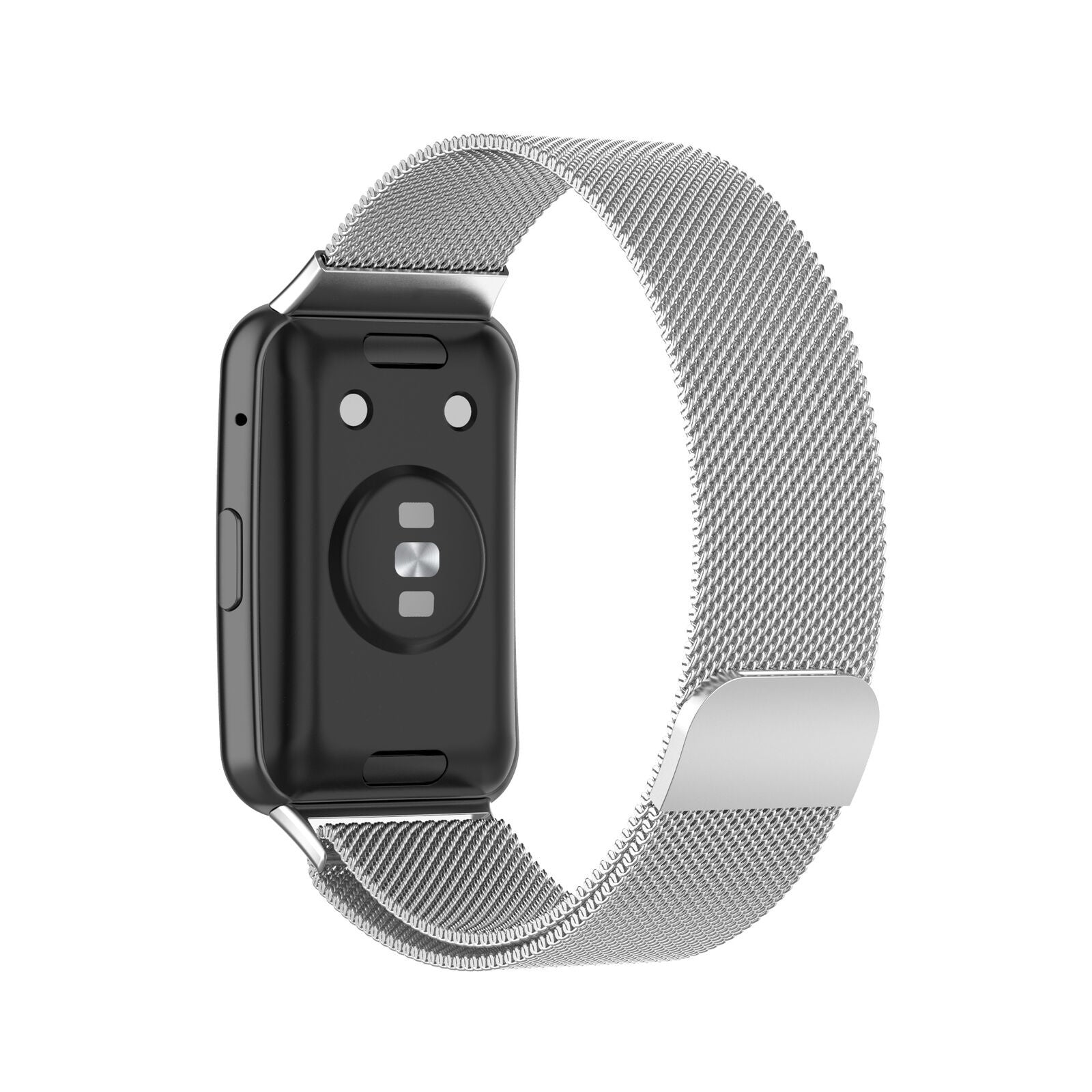 Eine schwarze Smartwatch mit silbernem Mesh-Armband. Das Zifferblatt ist schwarz mit Sensoren.