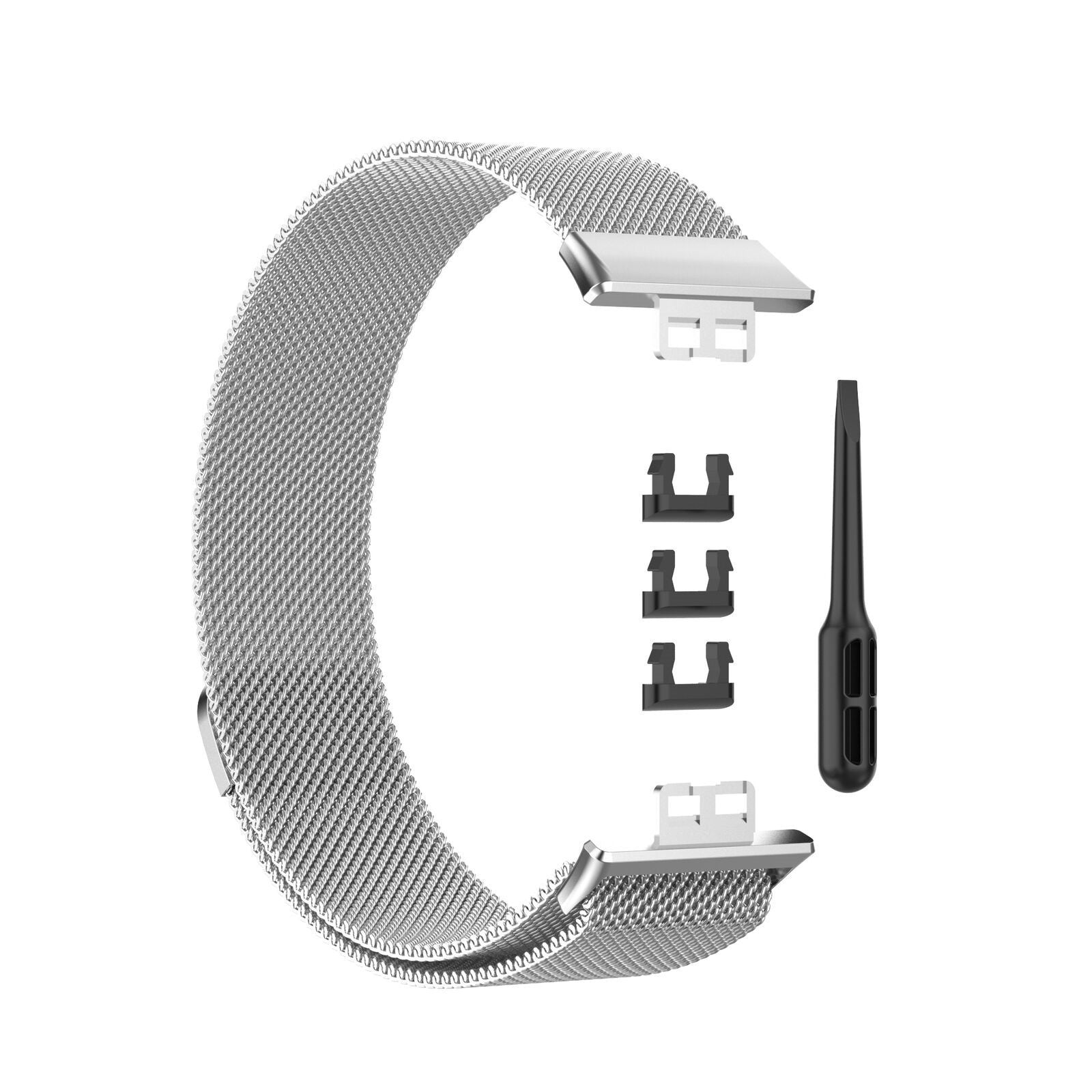 Ein silbernes Mesh-Uhrenarmband mit Komponenten und einem schwarzen Werkzeug auf weißem Hintergrund.