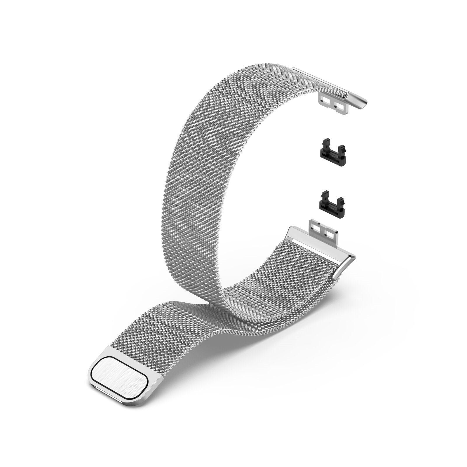 Ein silbernes Uhrenarmband mit Mesh-Design wird mit seinen Verbindungsteilen angezeigt. Der Hintergrund ist weiß.