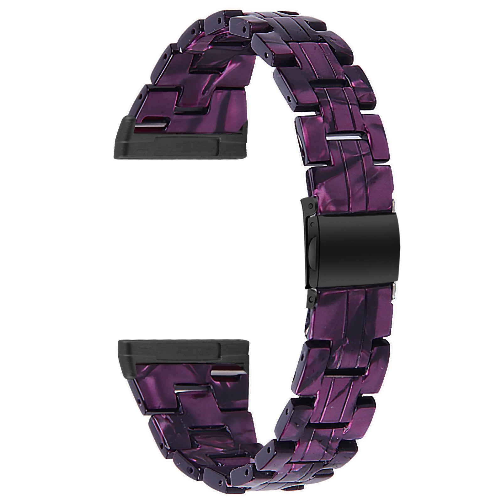 Ein lila Uhrenarmband mit schwarzem Verschluss vor weißem Hintergrund. Das Armband besteht aus verbundenen rechteckigen Teilen.