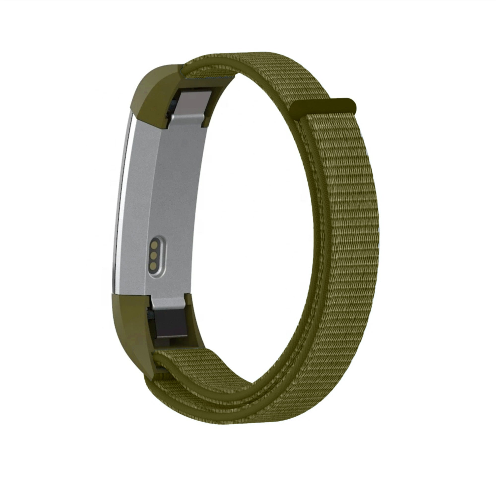Ein olivgrünes Smartwatch-Armband wird vor einem weißen Hintergrund angezeigt. Die Uhr hat ein silbernes Gehäuse.