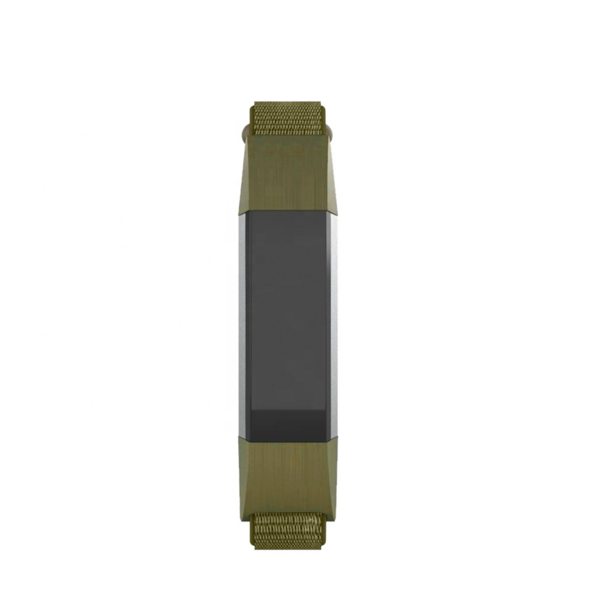 Ein grünes Smart-Armband mit schwarzem Bildschirm. Das Band hat ein strukturiertes Stoffarmband und ein rechteckiges Display.