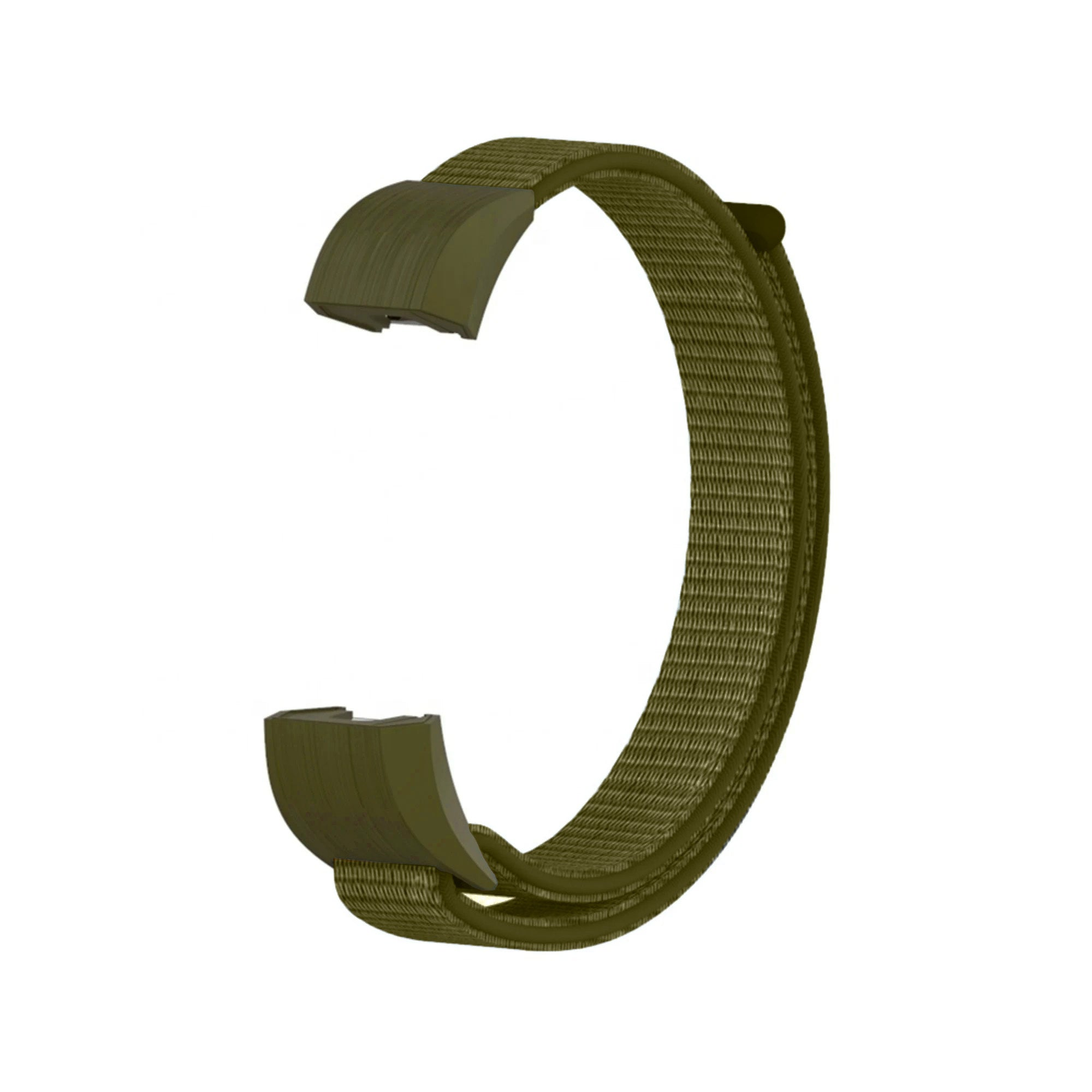 Ein olivgrünes Armband, gebogen. Das Armband besteht aus gewebtem Material mit zwei Verbindungsteilen an beiden Enden.