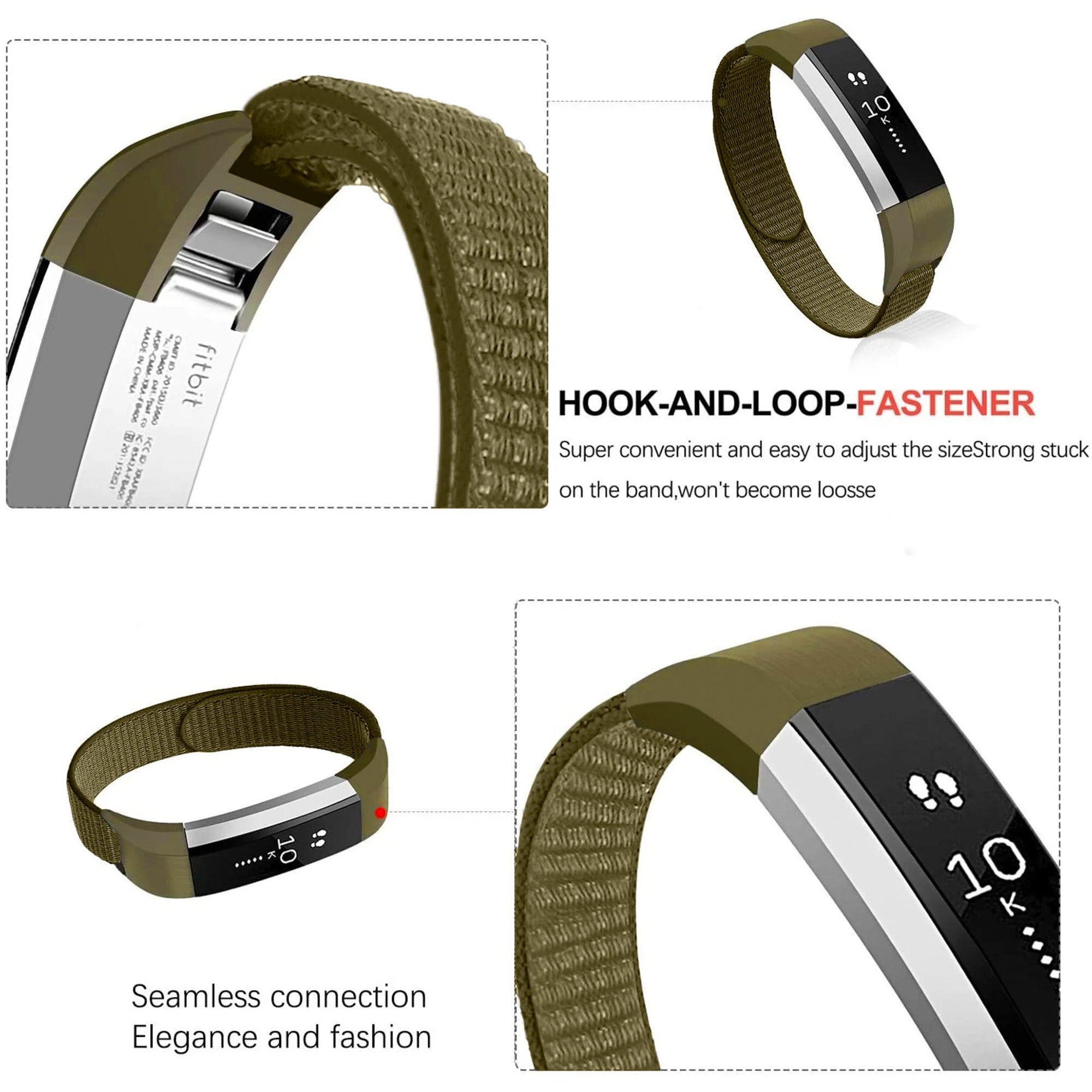 Ein olivgrüner Fitbit-Fitness-Tracker mit schwarzem Display. Ein Stoffarmband mit Klettverschluss ist befestigt.