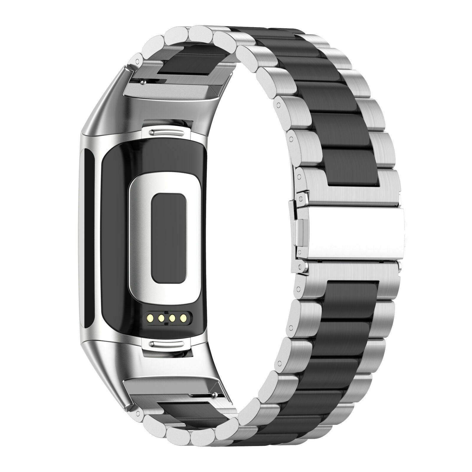 Silbernes und schwarzes Smartwatch-Armband. Das Armband besteht aus Metall mit schwarzer Mitte und silbernen Rändern.