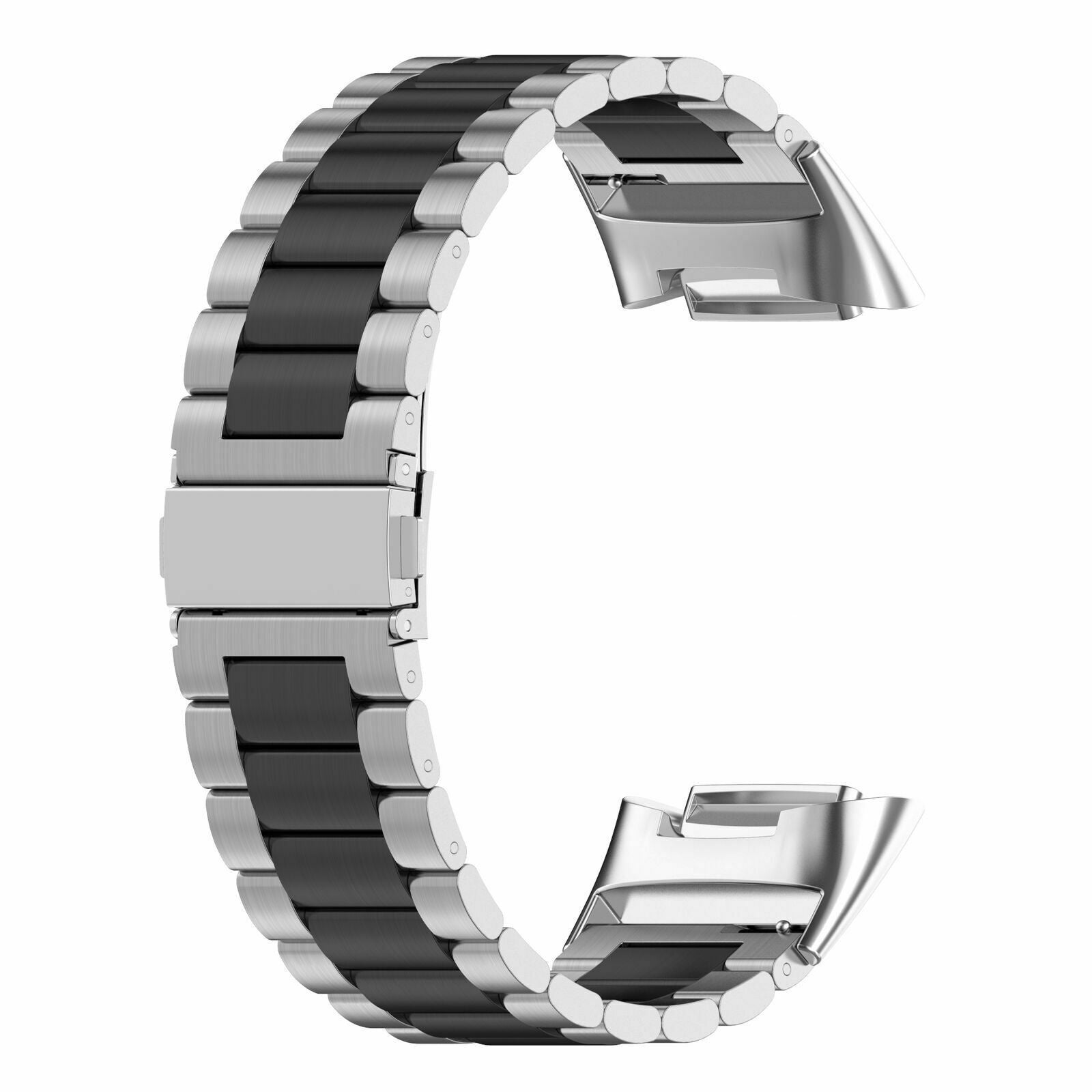 Ein silbernes und schwarzes Uhrenarmband liegt auf weißem Grund. Es hat C-Form. Die Glieder wechseln sich in Silber und Schwarz ab.