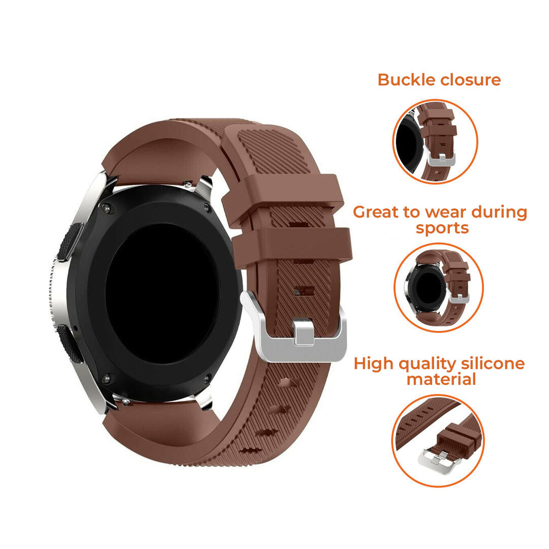 Braune Smartwatch mit Silikonarmband und Schnallenverschluss. Die Uhr wird mit Text und Bildern gezeigt.
