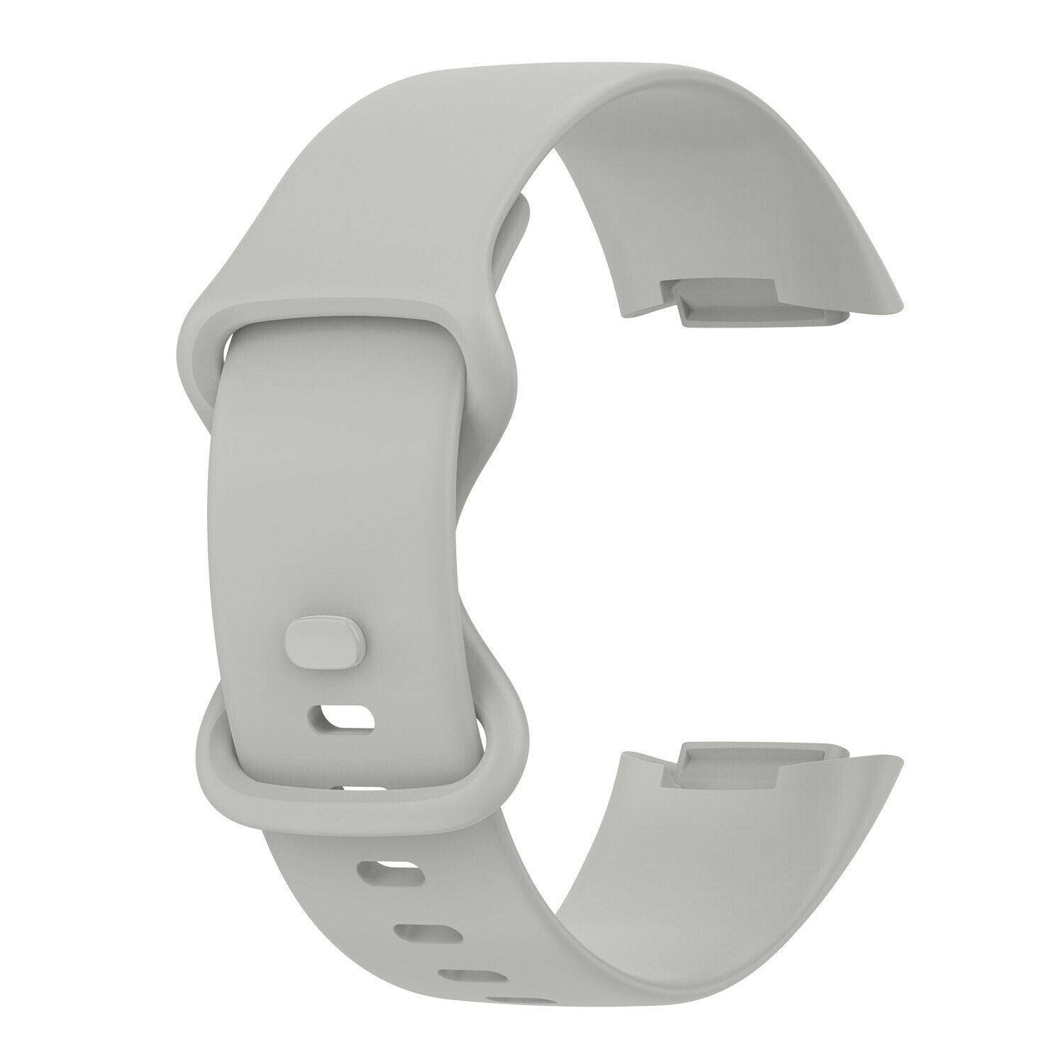 Ein hellgraues Smartwatch-Armband wird vor einem weißen Hintergrund gezeigt. Es hat ein gebogenes Design mit Verschluss und mehreren Löchern.