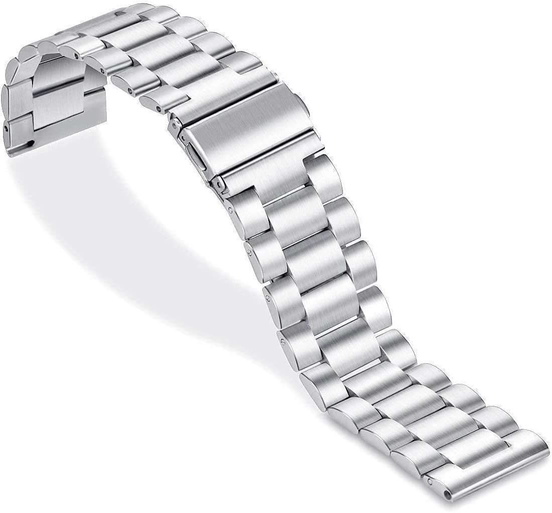 Ein Edelstahl-Uhrenarmband liegt auf einer weißen Oberfläche. Das Band ist gebogen und besteht aus miteinander verbundenen Metallgliedern.