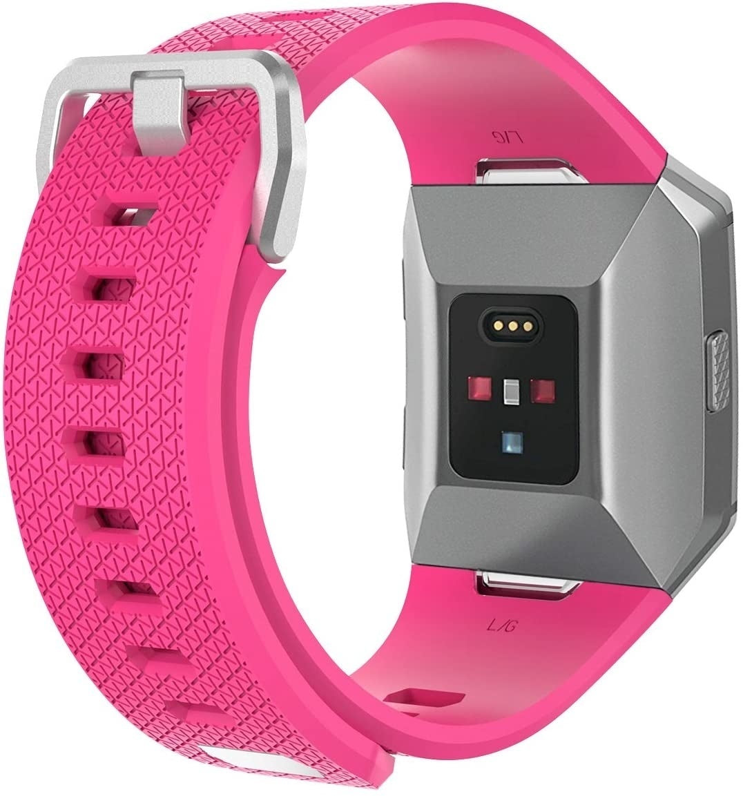 Eine pinkfarbene Smartwatch mit silberner Schnalle und grauem Display mit roten und blauen Quadraten, mit pinkfarbenem Armband.