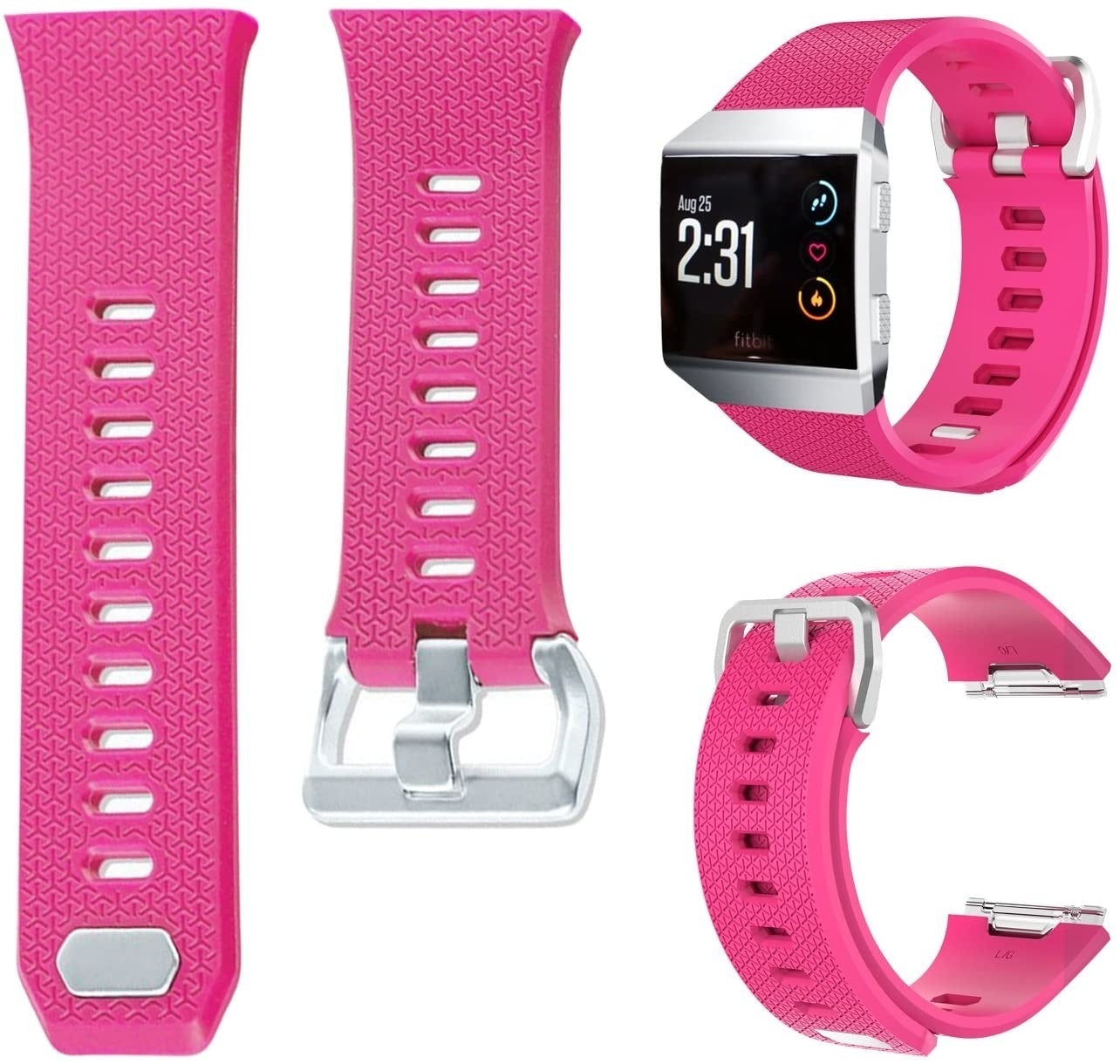 Pinke Fitbit-Uhrenarmbänder und Uhr. Die Armbänder sind abgenommen, und die Uhr zeigt Datum und Uhrzeit.