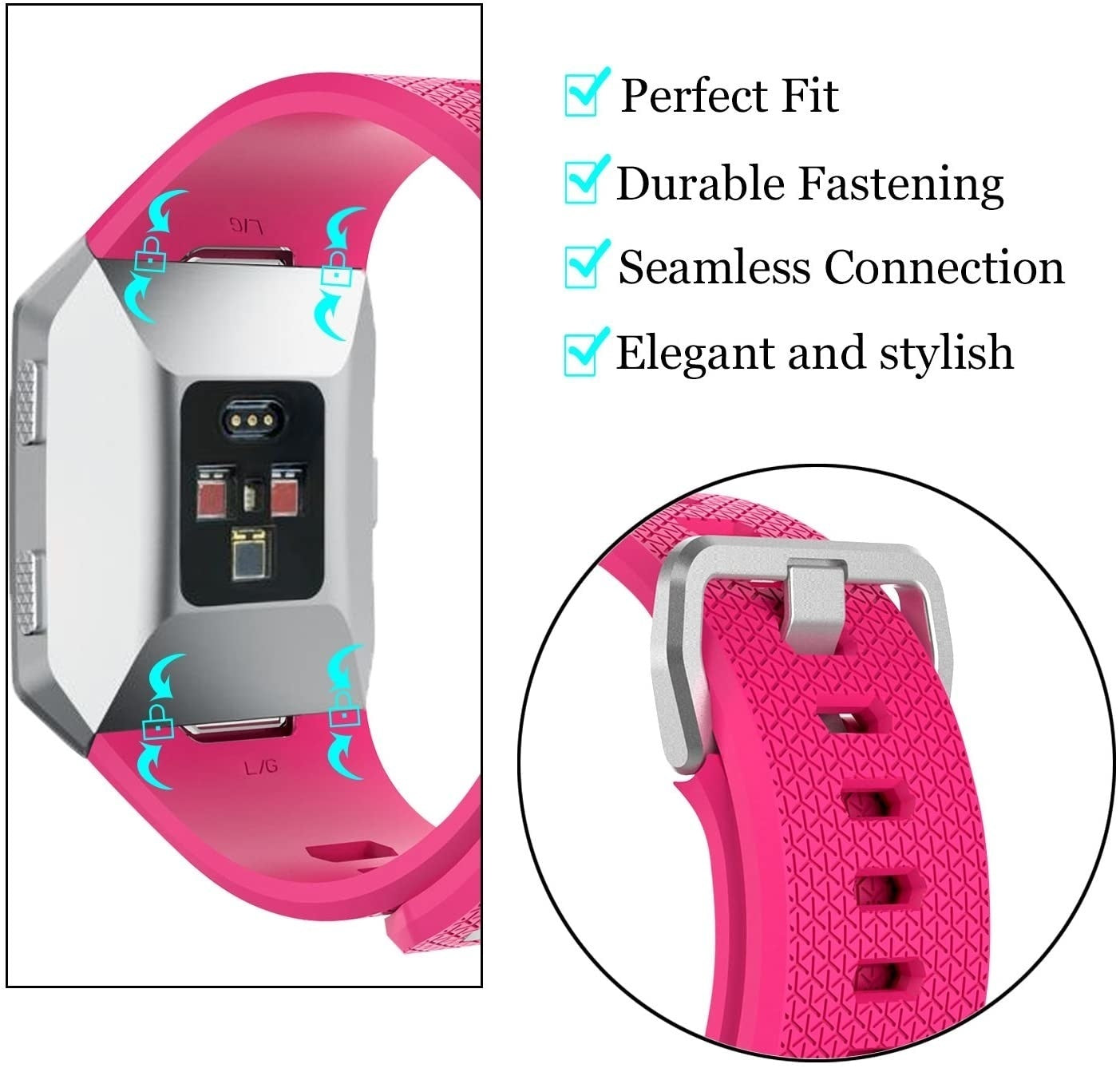 Eine rosa Smartwatch mit silbernem Gehäuse, Nahaufnahme des Bandes mit Schnalle und Text: Perfect Fit, Durable Fastening.