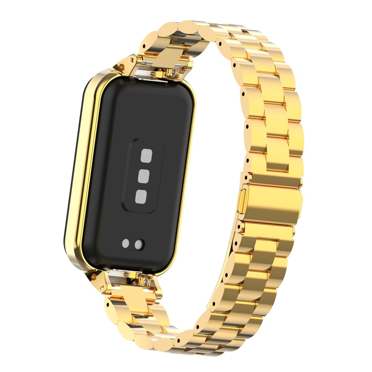 Eine goldene Smartwatch mit schwarzem Bildschirm und goldenem Metallarmband vor weißem Hintergrund.