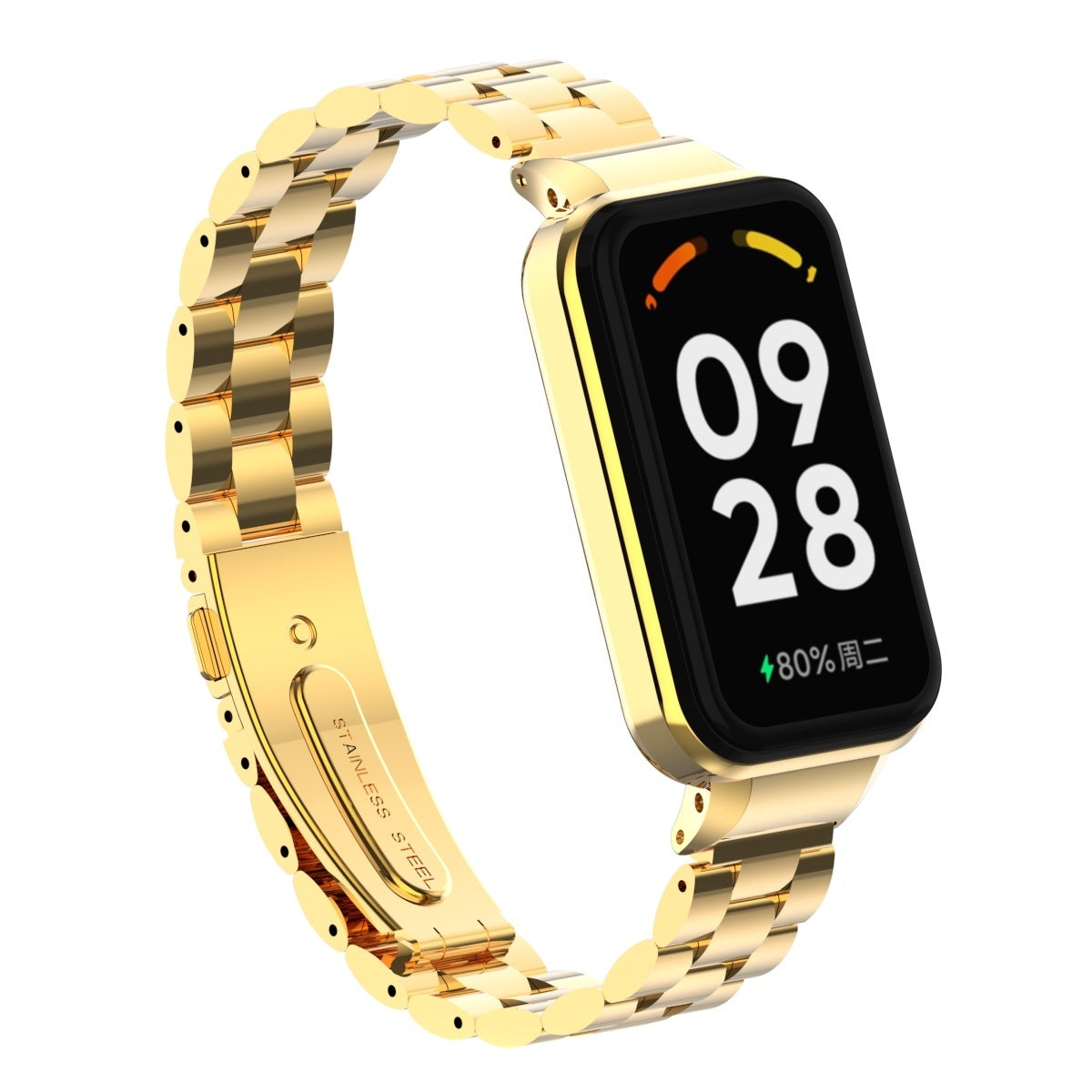 Eine goldene Smartwatch mit schwarzem Bildschirm, der die Uhrzeit 09:28 und den Akkustand anzeigt. Das Armband ist aus Edelstahl.