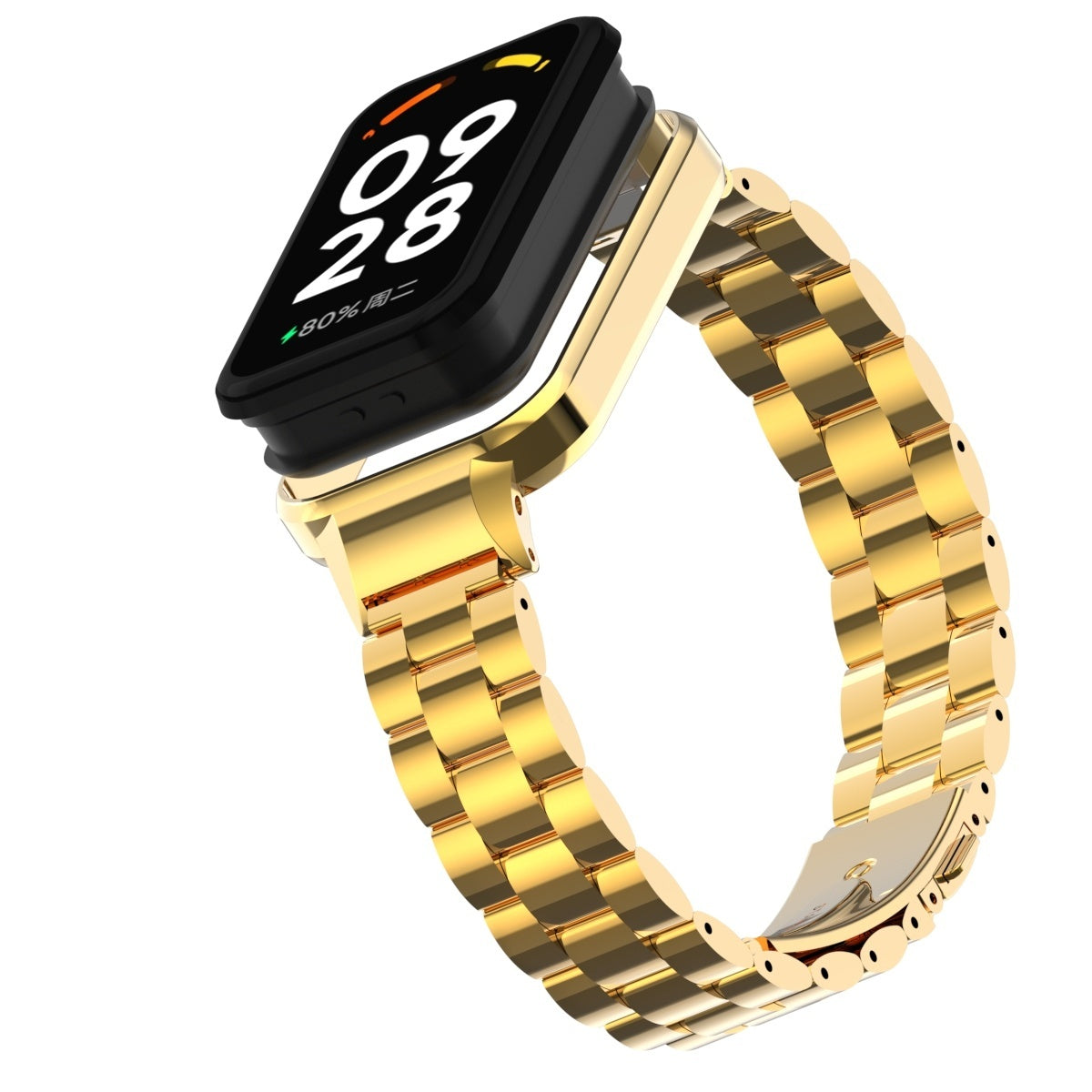 Eine goldene Armbanduhr mit schwarzem Bildschirm, der Datum und Akkustand anzeigt. Die Uhr hat ein goldenes Metallarmband auf weißem Hintergrund.
