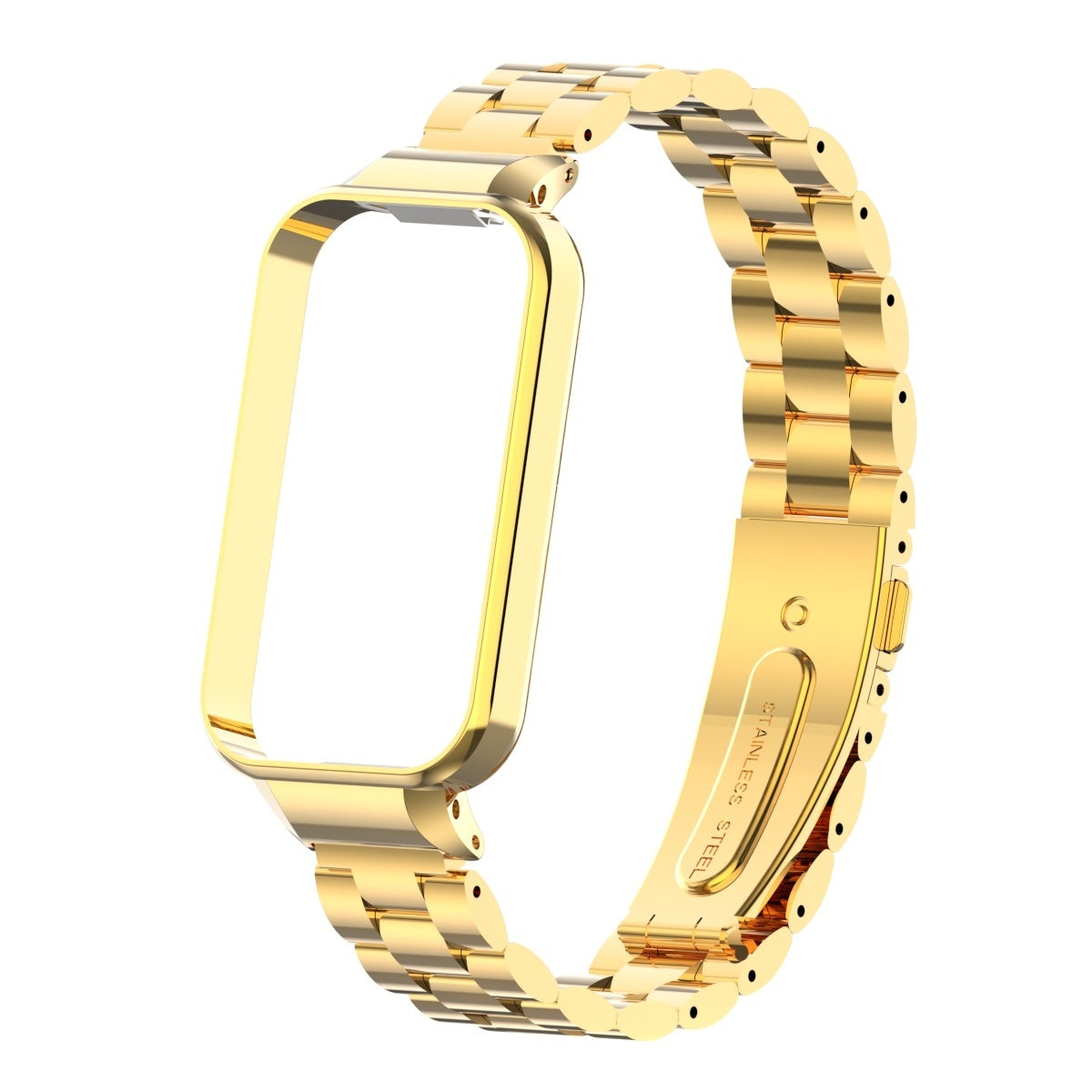 Ein goldfarbenes Edelstahl-Uhrenarmband für einen Fitness-Tracker. Es ist glänzend und reflektierend, mit einem Verschluss mit der Aufschrift 'STAINLESS STEEL'.