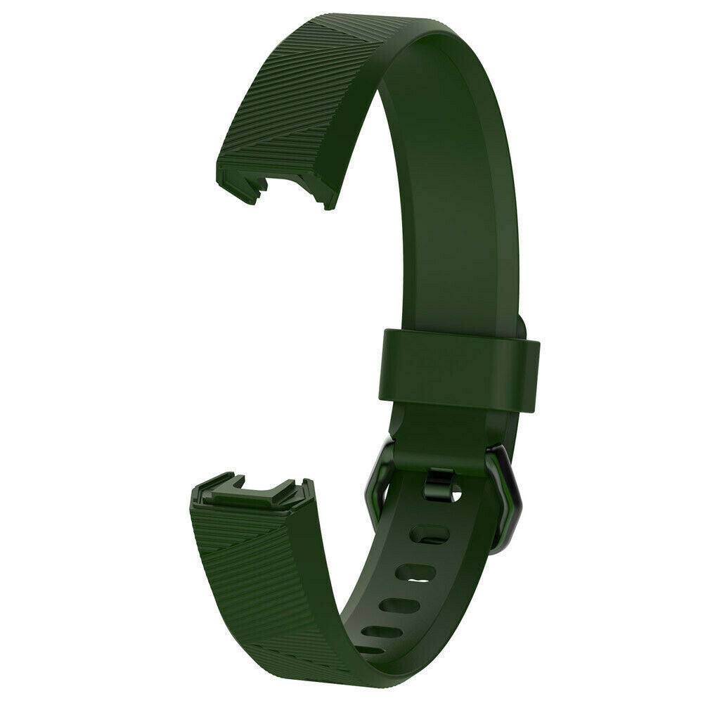 Ein dunkelgrünes Uhrenarmband. Das Armband hat eine Schnalle und mehrere Löcher zur Anpassung. Es besteht aus flexiblem Material.