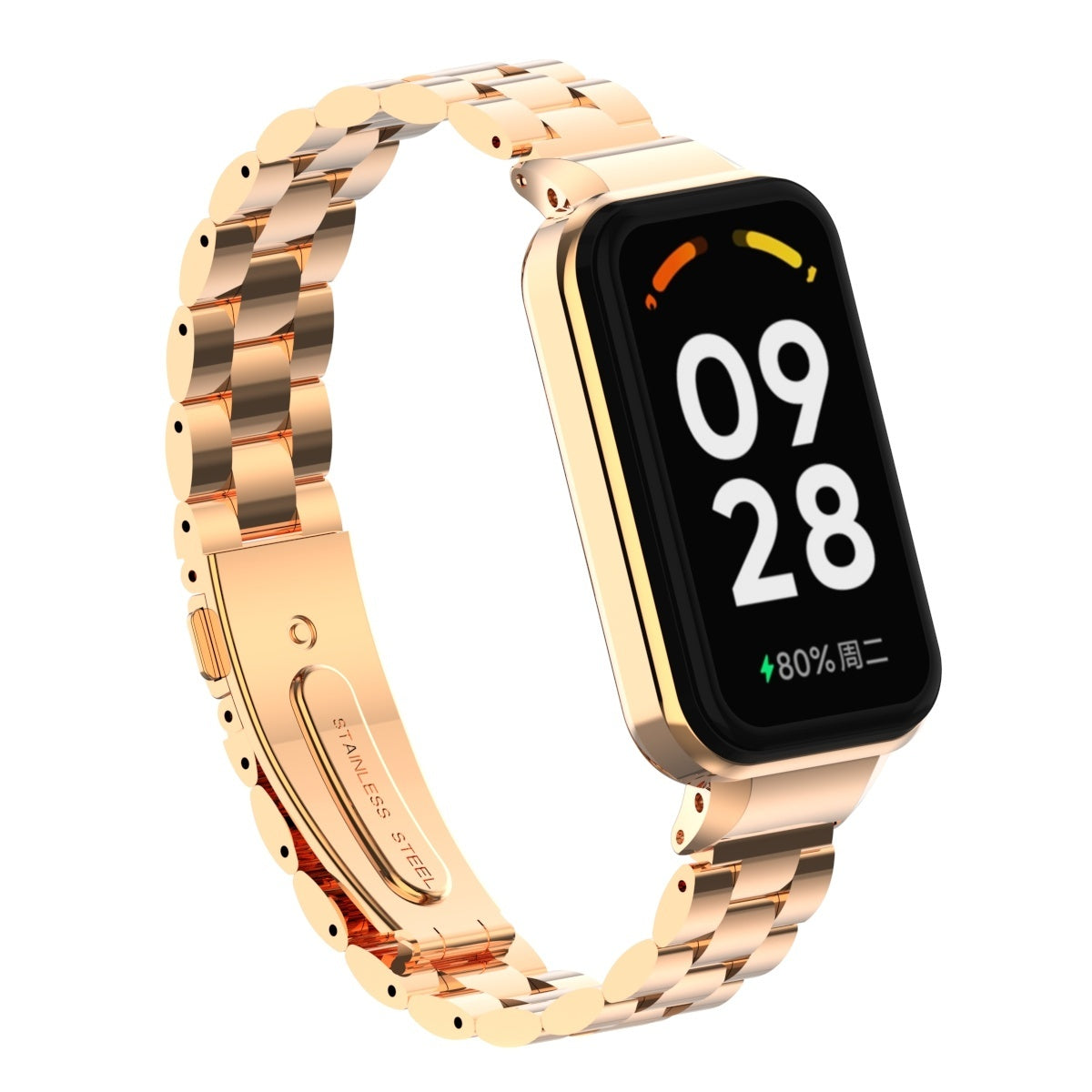 Eine goldene Smartwatch mit einem schwarzen Bildschirm, der Datum und Uhrzeit anzeigt. Das Armband besteht aus goldfarbenem Edelstahl.