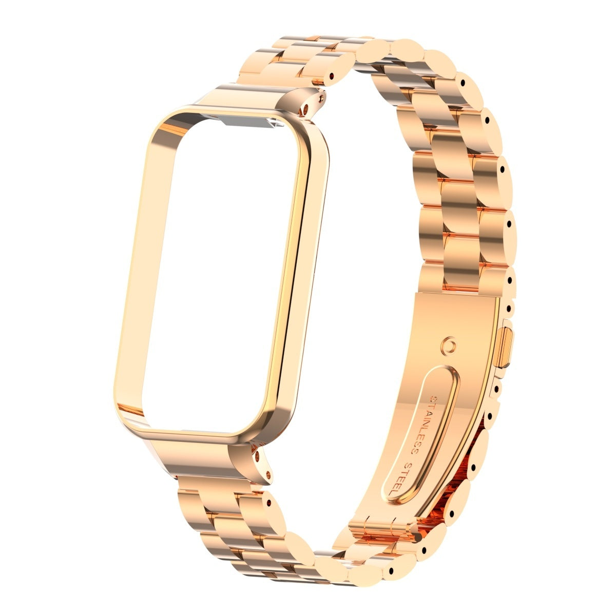 Ein goldenes Edelstahl-Uhrenarmband mit einem Verschluss mit der Aufschrift 'Edelstahl'. Es wird auf weißem Hintergrund gezeigt.