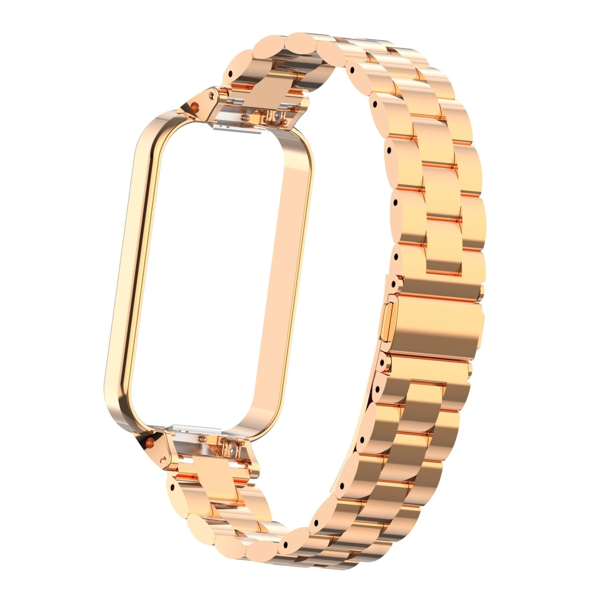 Ein goldfarbenes Uhrenarmband mit rechteckigem Rahmen für das Zifferblatt. Das Armband besteht aus miteinander verbundenen Gliedern.