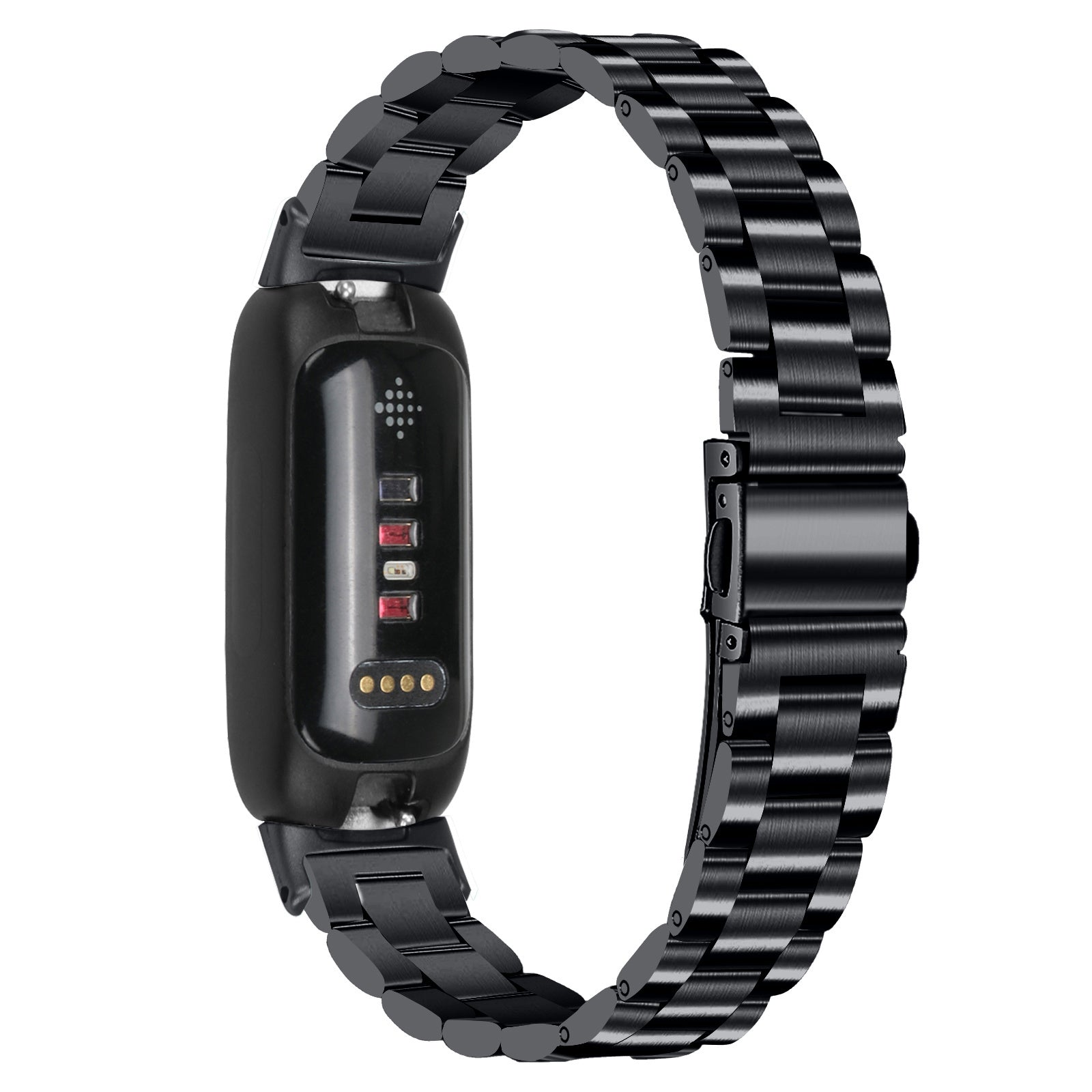 Schwarze Smartwatch mit schwarzem Metallarmband. Das Zifferblatt hat ein Display mit Lichtern. Das Armband ist verbunden.