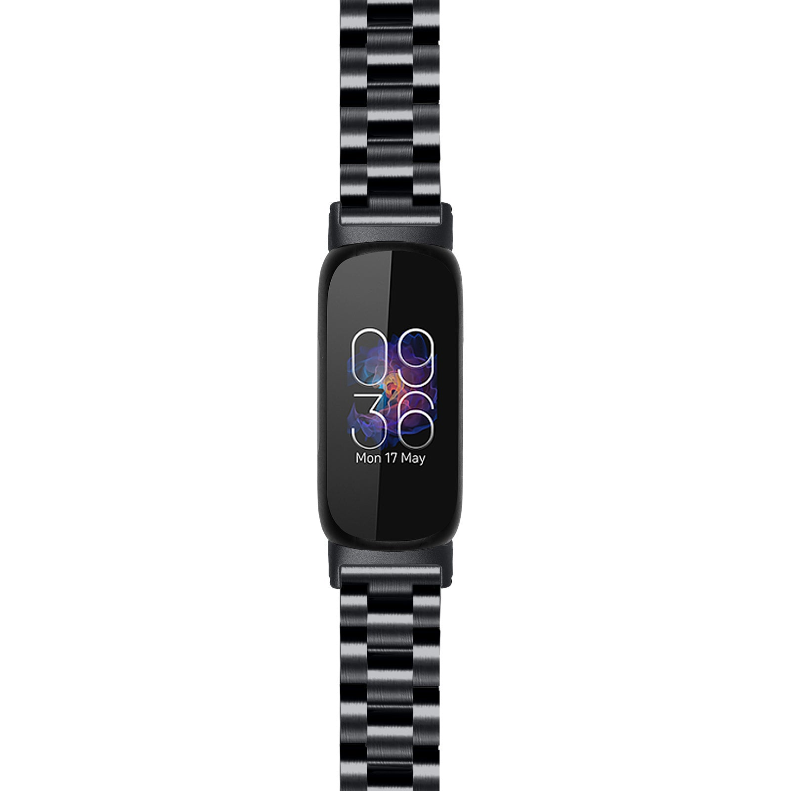 Eine schwarze Smartwatch mit Metallarmband zeigt die Uhrzeit 09:36, Datum Mo. 17. Mai. Das Armband hat ein Silber-Schwarz-Muster.