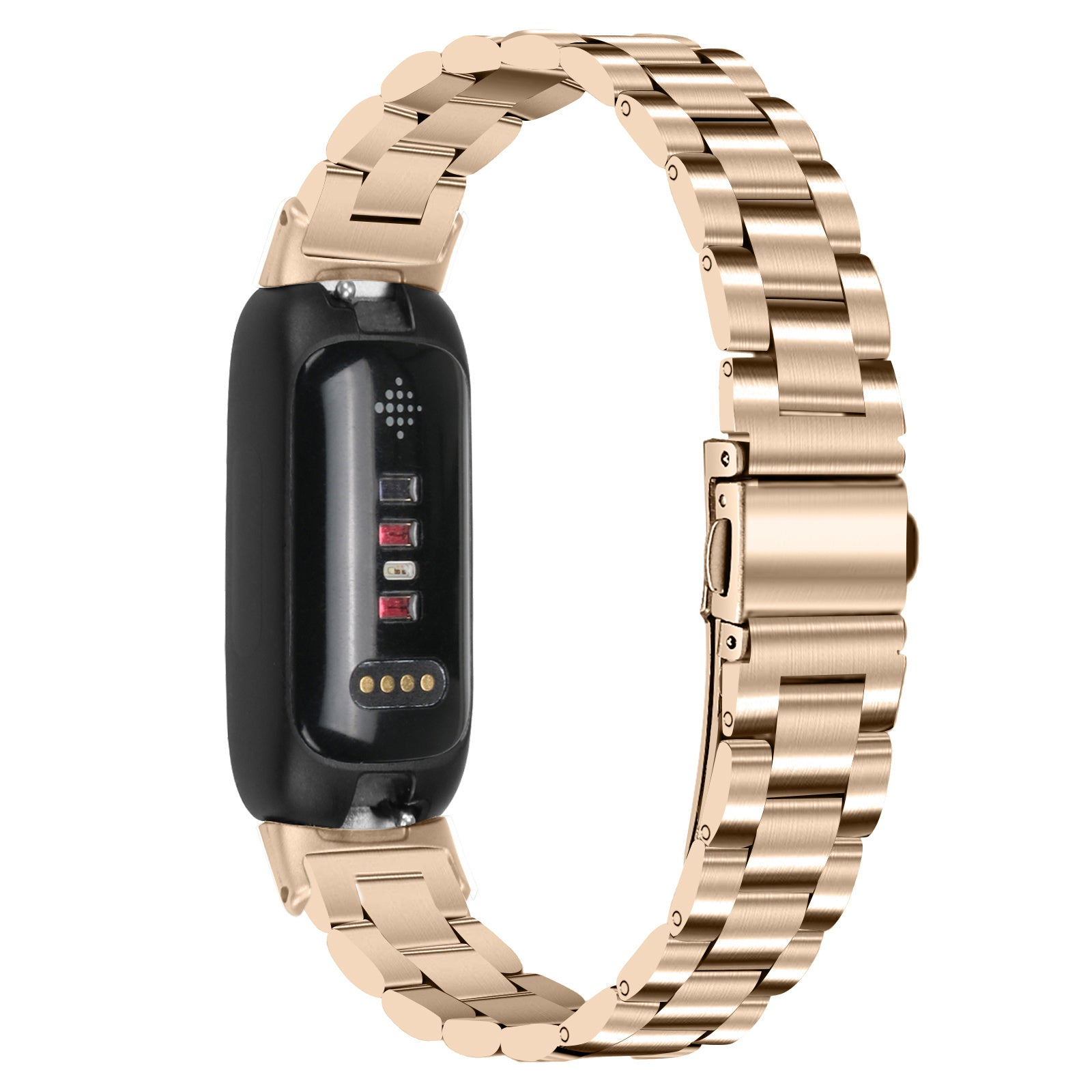 Goldenes Uhrenarmband mit schwarzem Tracker. Das Band ist verbunden. Der Hintergrund ist weiß.