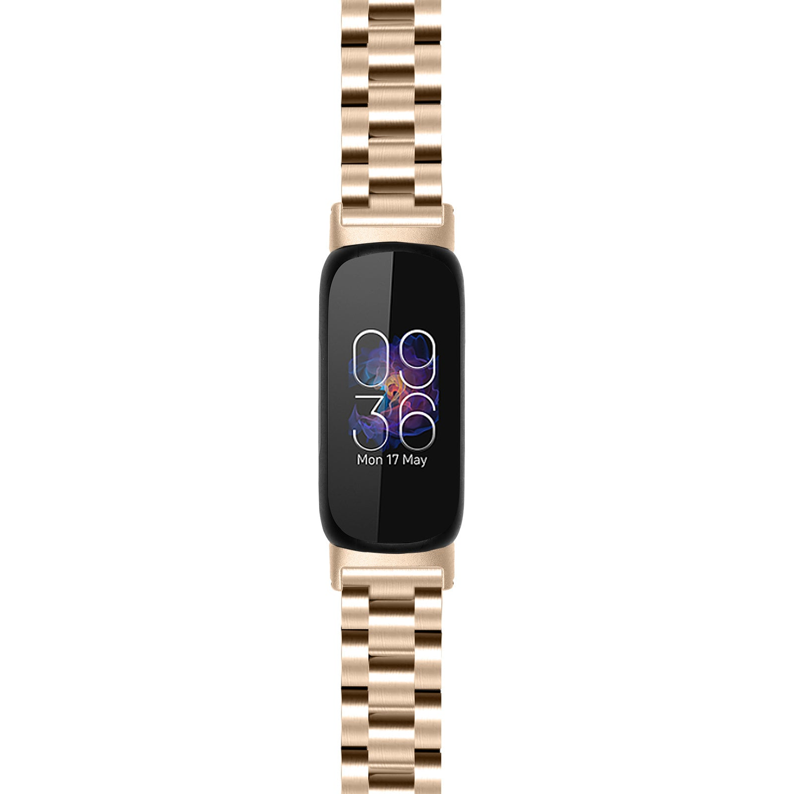 Goldene Smartwatch mit schwarzem Bildschirm, der Zeit und Datum anzeigt. Sie hat ein goldenes Armband.