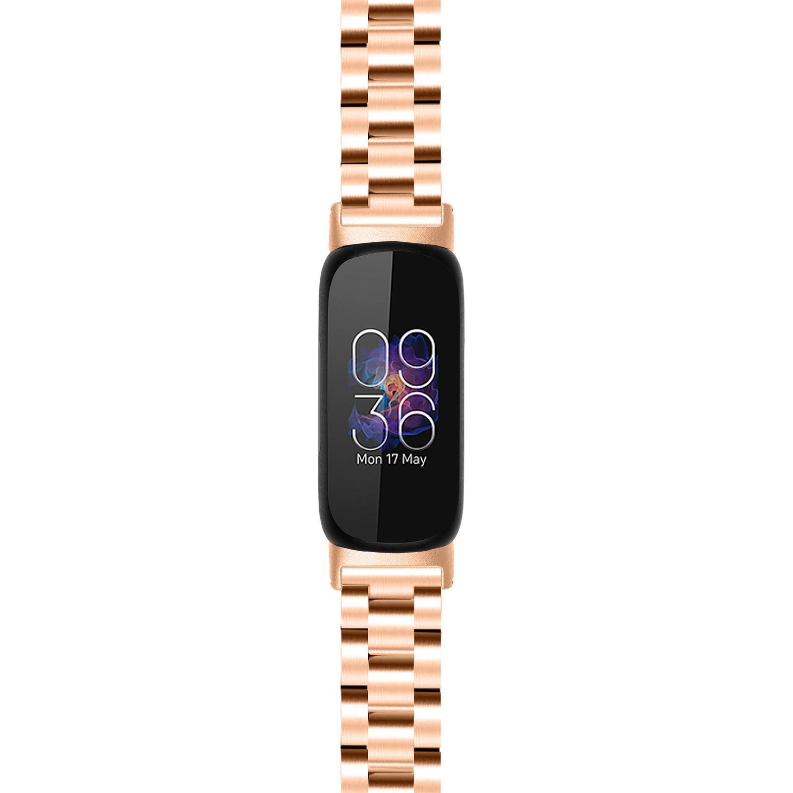 Eine roségoldene Smartwatch mit schwarzem Bildschirm, auf dem die Uhrzeit 09:36 und das Datum Mo 17. Mai angezeigt werden. Das Armband ist aus Metall.