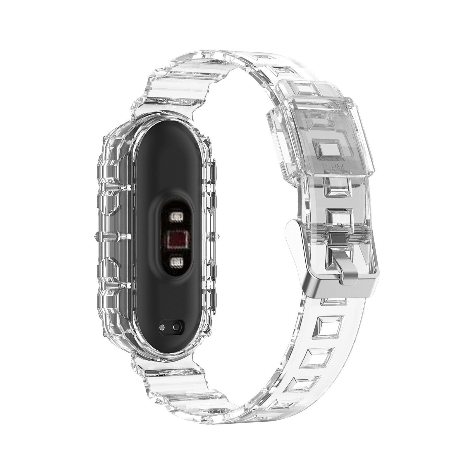 Klares Kunststoff-Uhrenarmband mit schwarzem digitalem Zifferblatt. Das Band ist durch einen silbernen Verschluss verbunden.