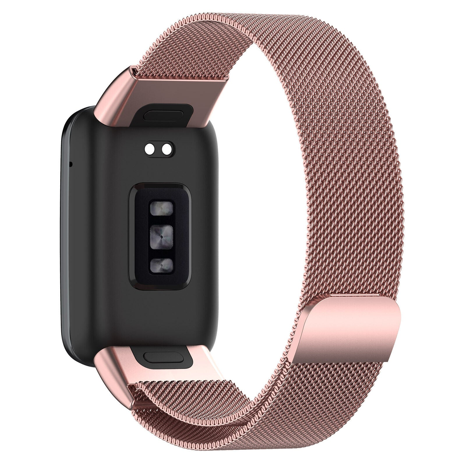 Eine roségoldene Smartwatch mit Mesh-Armband wird vor weißem Hintergrund gezeigt. Die Uhr ist schwarz.