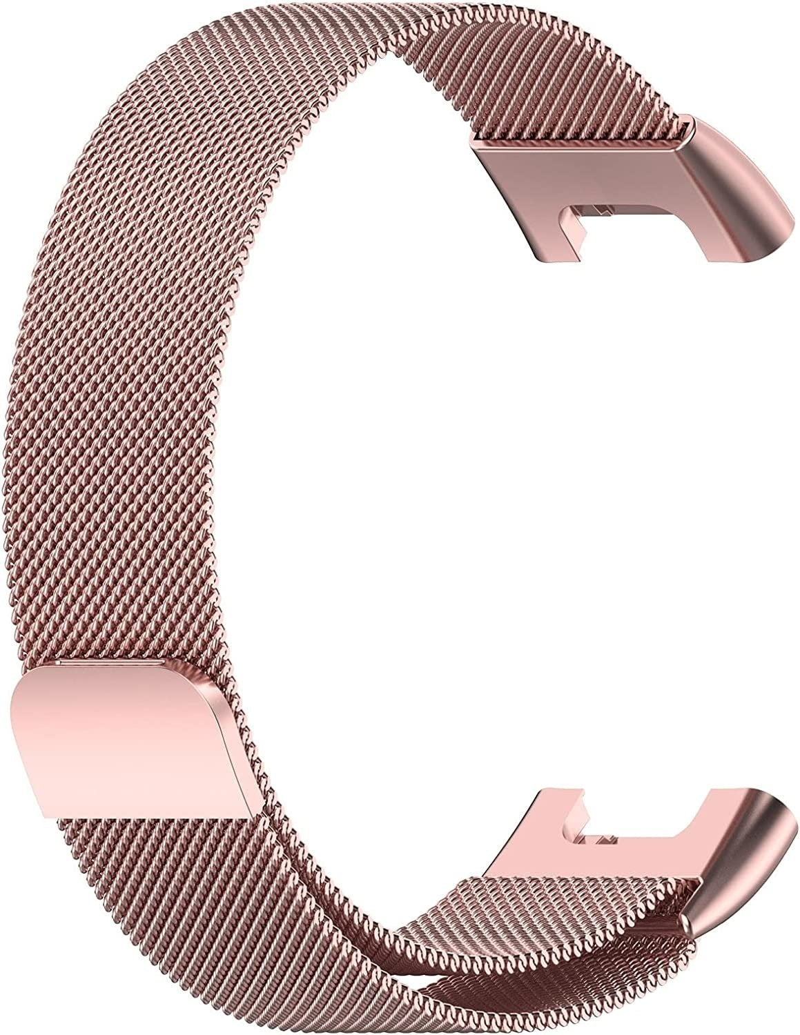 Ein roségoldenes Uhrenarmband mit Mesh-Design. Es hat gebogene Enden mit Verschlüssen. Das Band ist vor weißem Hintergrund.