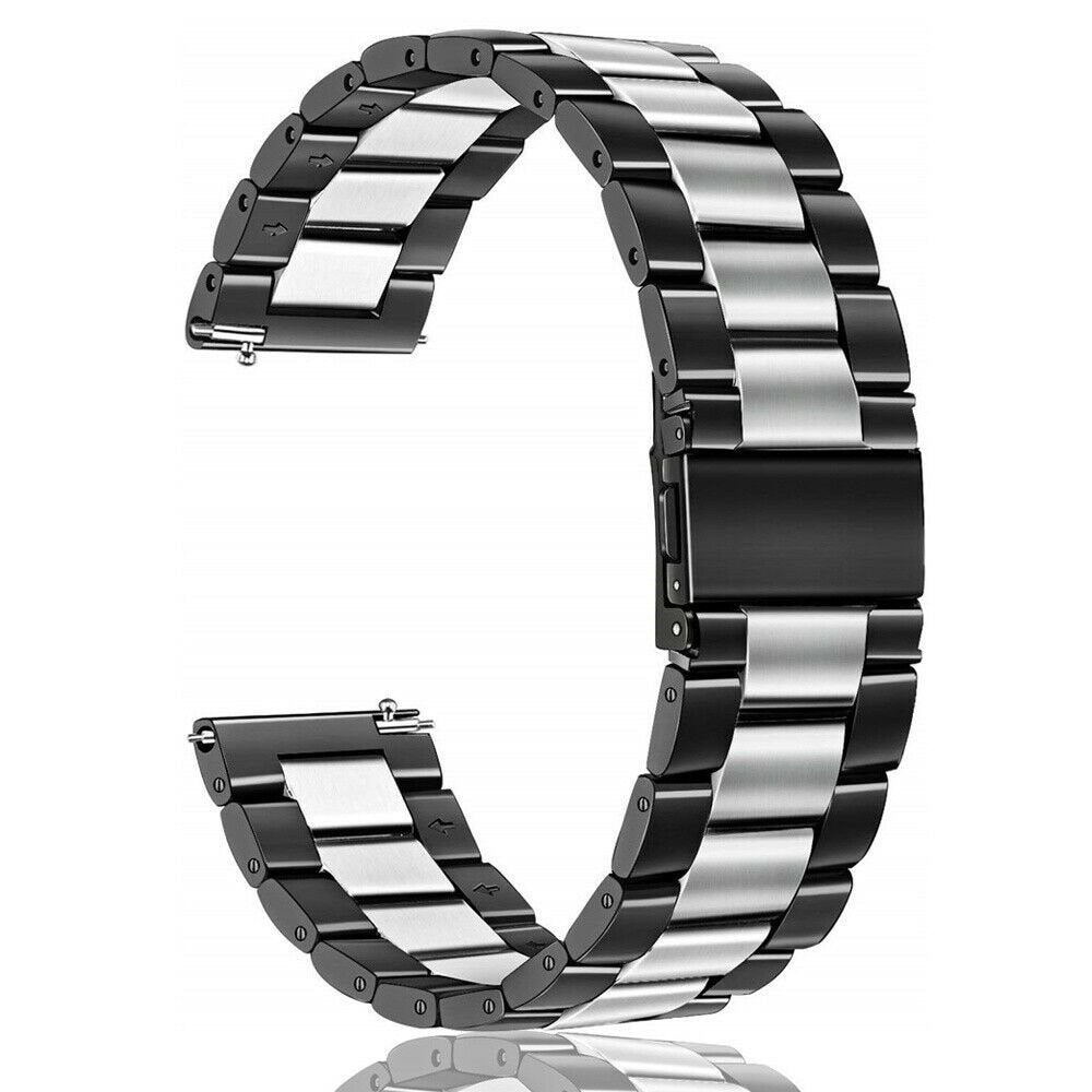 Ein Uhrenarmband mit schwarzen und silbernen Gliedern. Die Glieder sind metallisch. Der Hintergrund ist weiß.