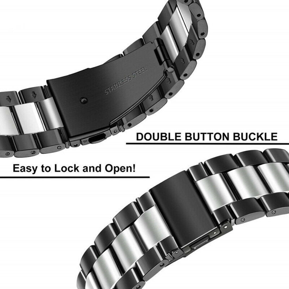 Nahaufnahme eines Uhrenarmbands mit Doppelknopfverschluss. Edelstahltext ist sichtbar. Das Armband ist schwarz und silber.