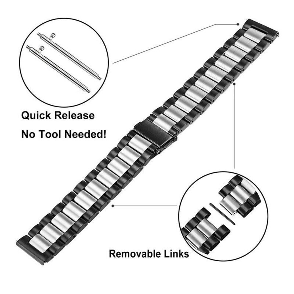 Ein Uhrenarmband mit schwarzen und silbernen Gliedern. Schnellverschlussstifte und abnehmbare Glieder sind hervorgehoben. Text lautet 'Quick Release' und 'Removable Links'.