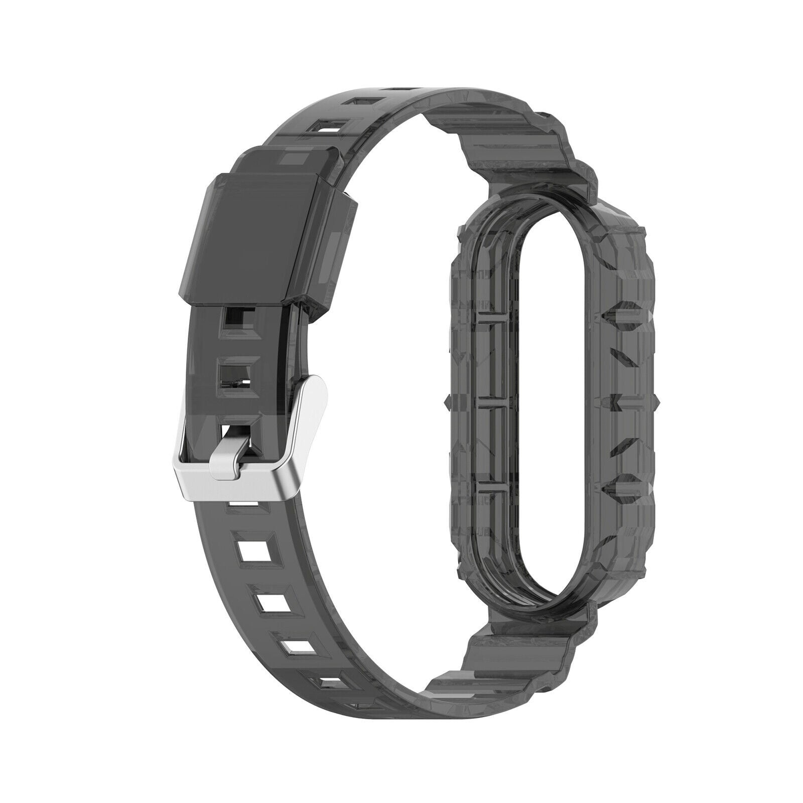 Ein transparentes graues Armband mit Schnalle auf weißem Hintergrund in Schrägansicht.