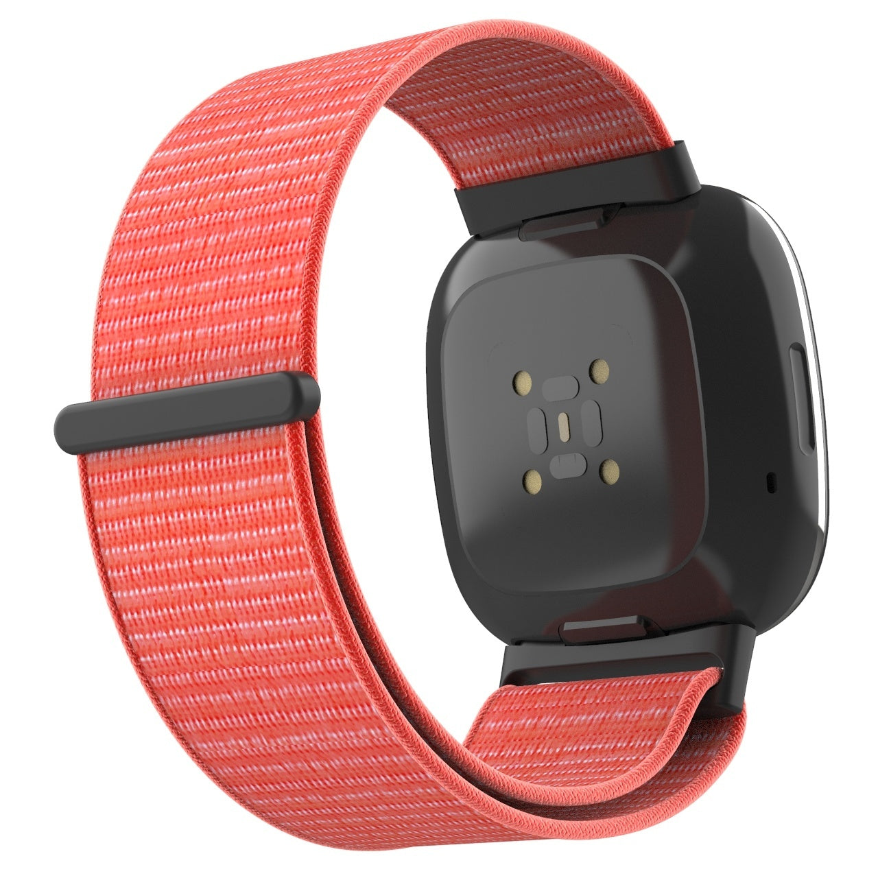 Eine Smartwatch mit rotem Stoffarmband. Die Uhr ist schwarz, das Armband ist geschlungen. Die Rückseite hat Sensoren.