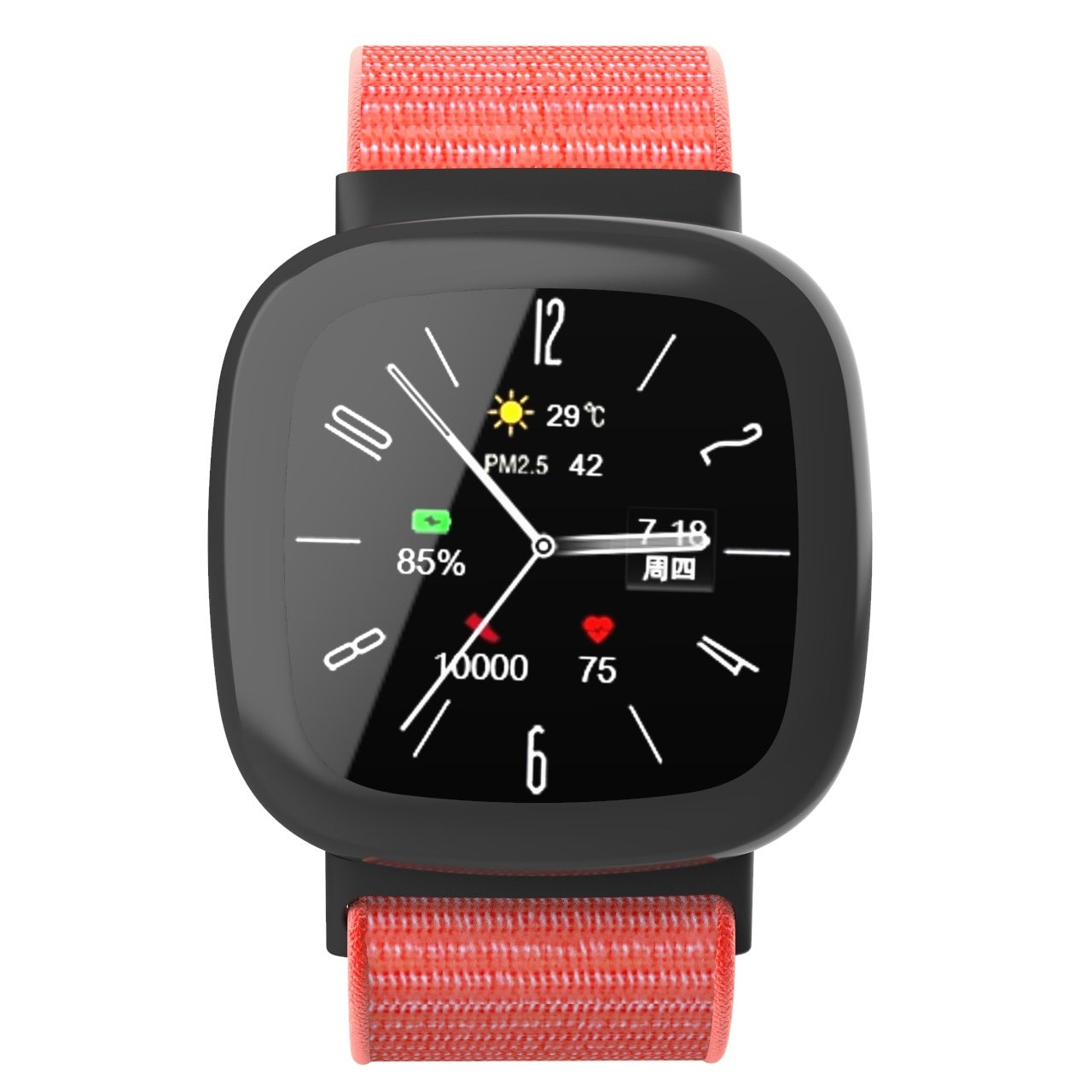 Eine schwarze Smartwatch zeigt Uhrzeit, Akku und Gesundheitsdaten an. Sie hat ein rotes Armband. Der Bildschirm zeigt 29°C, PM2,5 42 und 85% Akku.