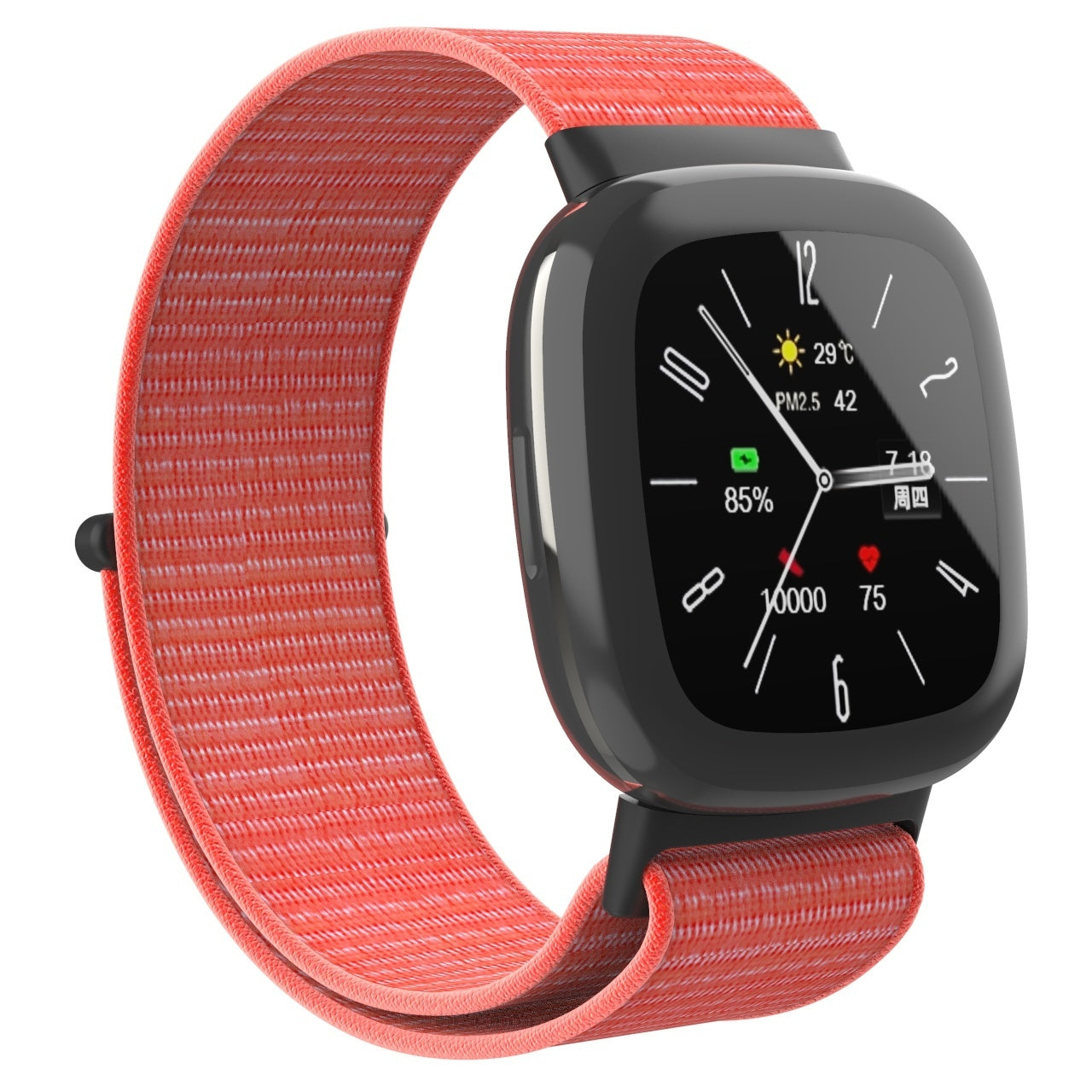 Eine schwarze Smartwatch mit rotem Armband zeigt Uhrzeit, Temperatur und Gesundheitswerte an. Das Armband ist um die Uhr gewickelt.