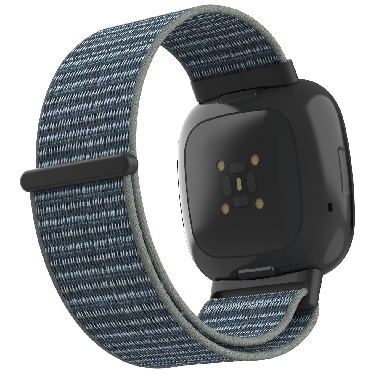 Eine schwarze Smartwatch mit blau-grauem Stoffband. Die Uhr hat Sensoren auf der Rückseite und einen Verschluss.