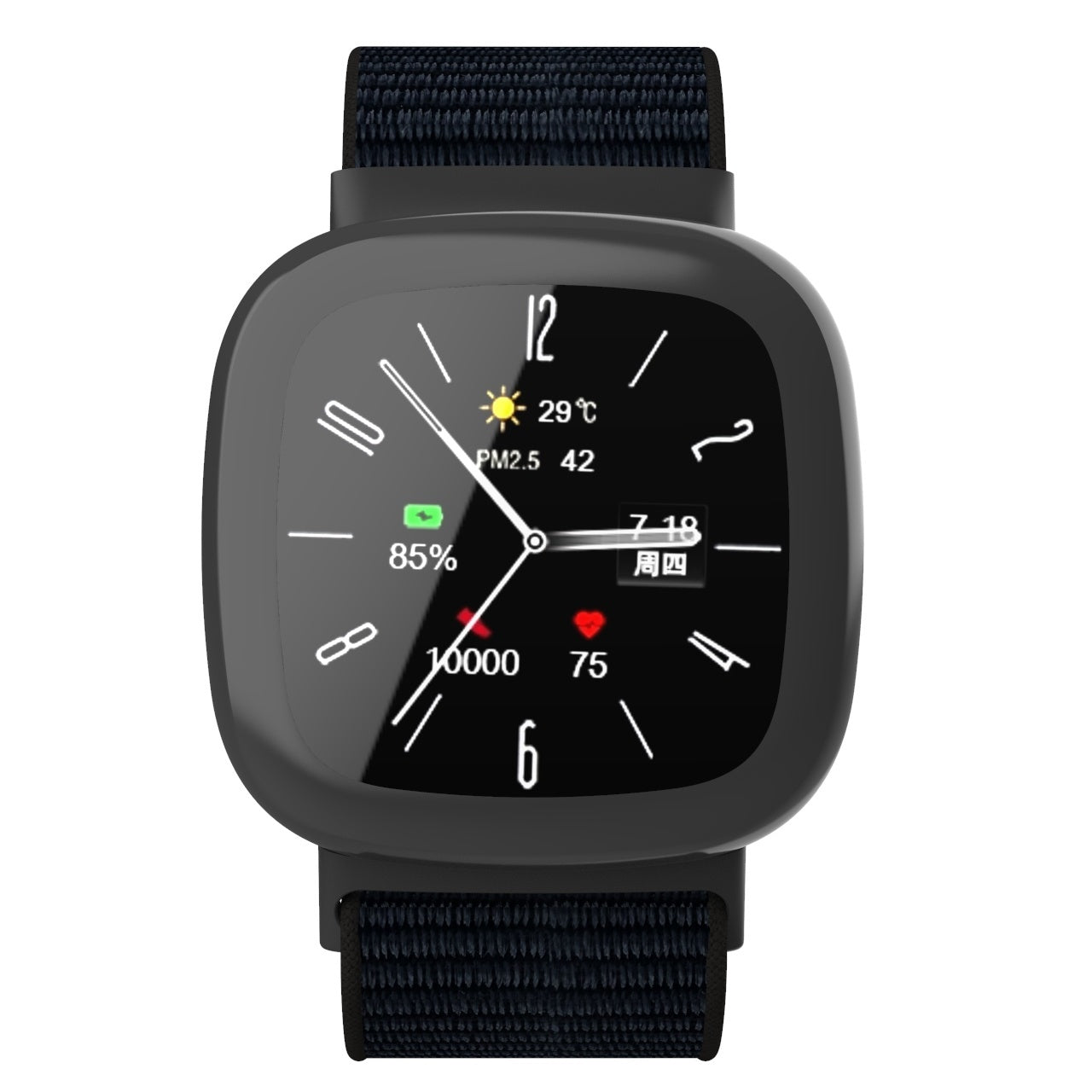 Eine schwarze Smartwatch zeigt Zeit, Temperatur und Gesundheitsdaten an. Sie hat ein schwarzes Armband und einen abgerundeten quadratischen Bildschirm.