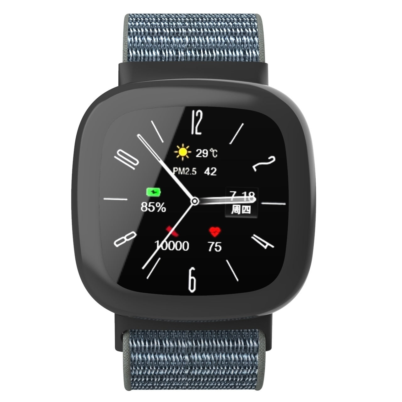 Eine Smartwatch zeigt Uhrzeit, Wetter und Gesundheitsdaten auf einem schwarzen Bildschirm an. Die Uhr hat ein graues Armband.