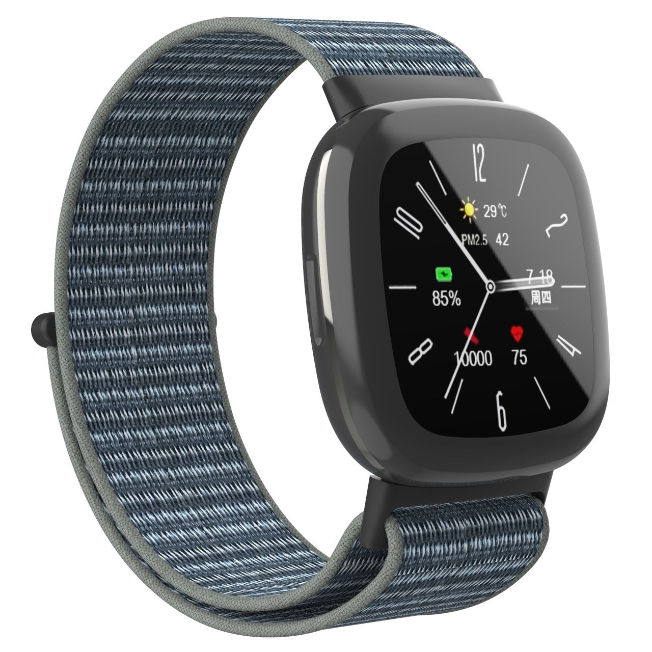Smartwatch mit schwarzem Gehäuse, blauem Stoffband und digitaler Anzeige mit Uhrzeit, Temperatur und Aktivitätsdaten.
