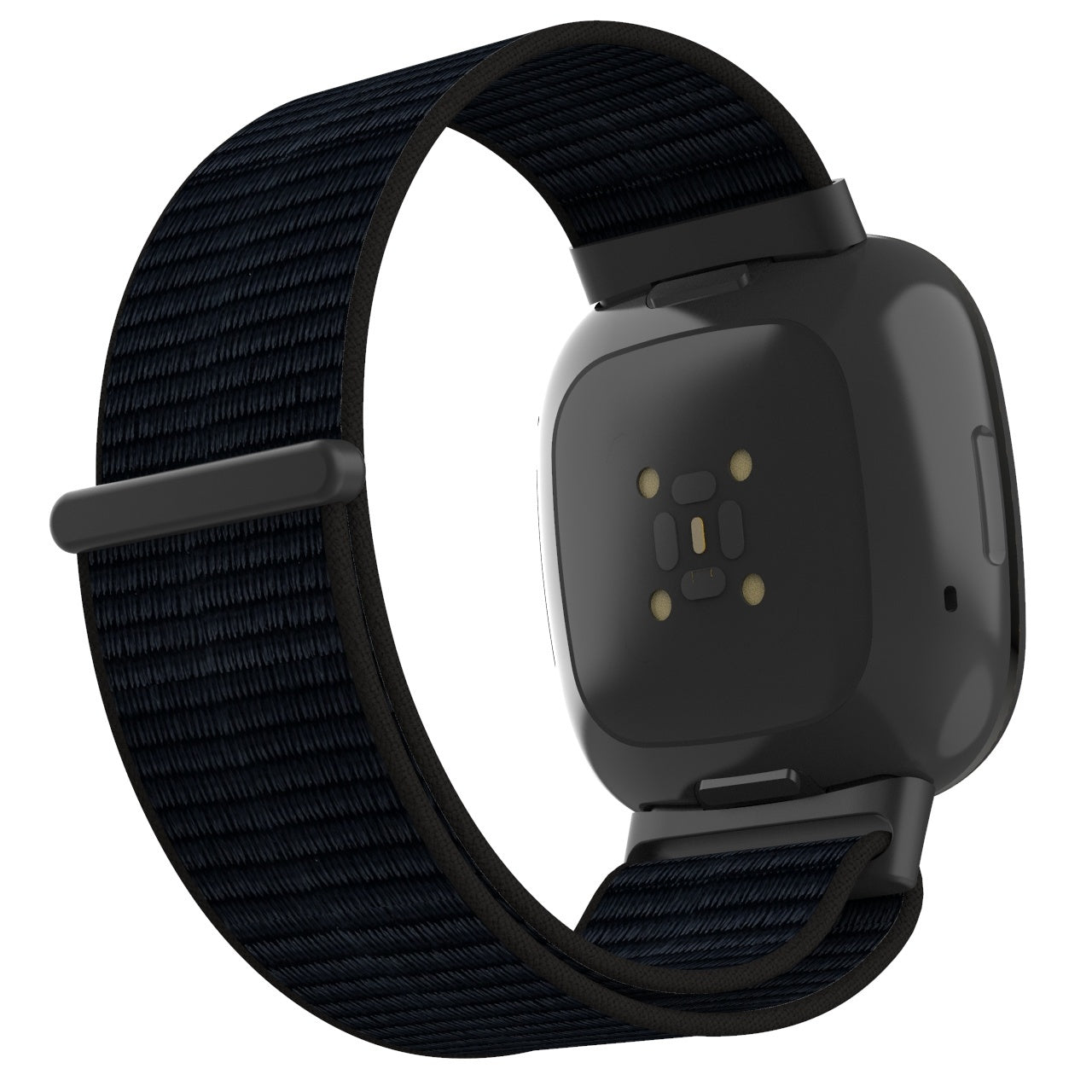 Eine schwarze Smartwatch mit einem schwarzen Stoffarmband. Die Uhr hat ein quadratisches Zifferblatt und eine Schnalle. Das Armband ist geschlungen.