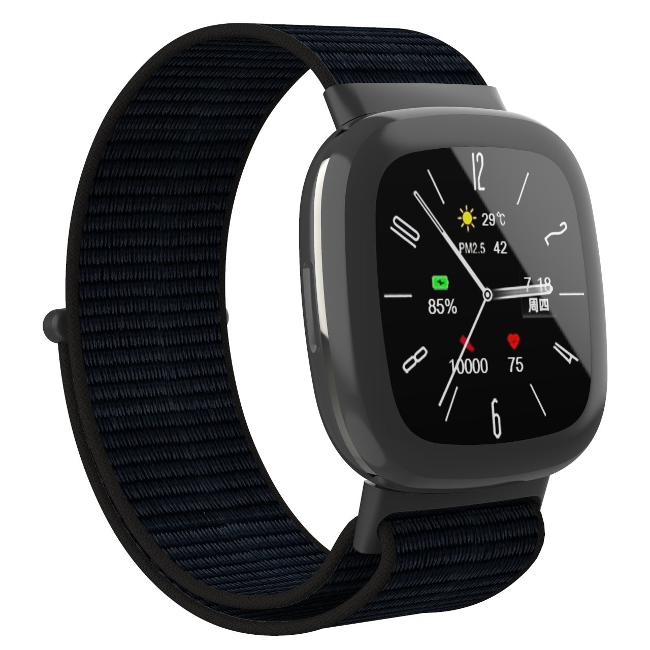 Eine schwarze Smartwatch mit schwarzem Stoffarmband. Das Zifferblatt zeigt Uhrzeit, Temperatur, Akku und Aktivitätsmetriken.